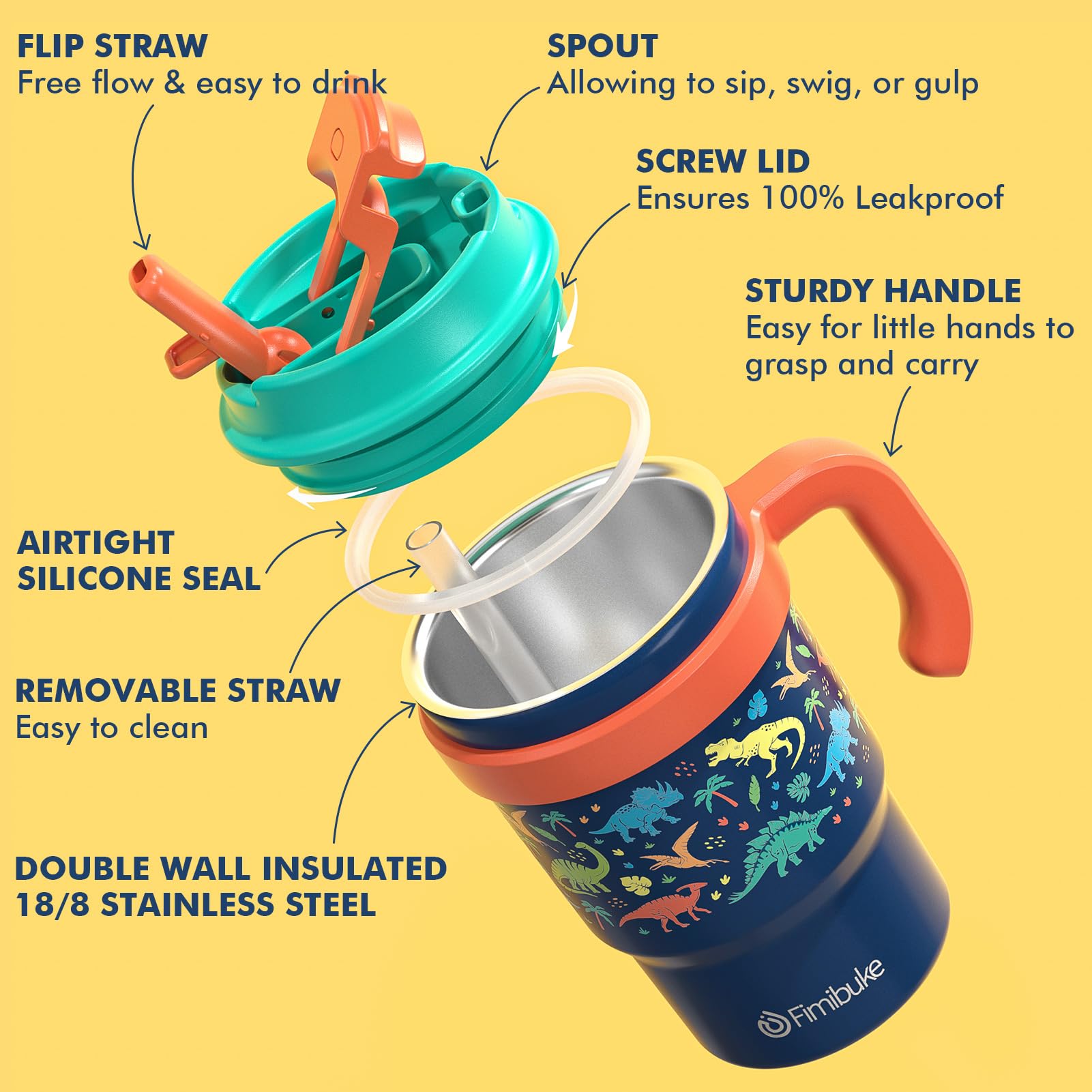 Fimibuke 16Oz Kids Insulated Tumbler With Handle & Straws - 2 Pack 18/8 Stainless Steel