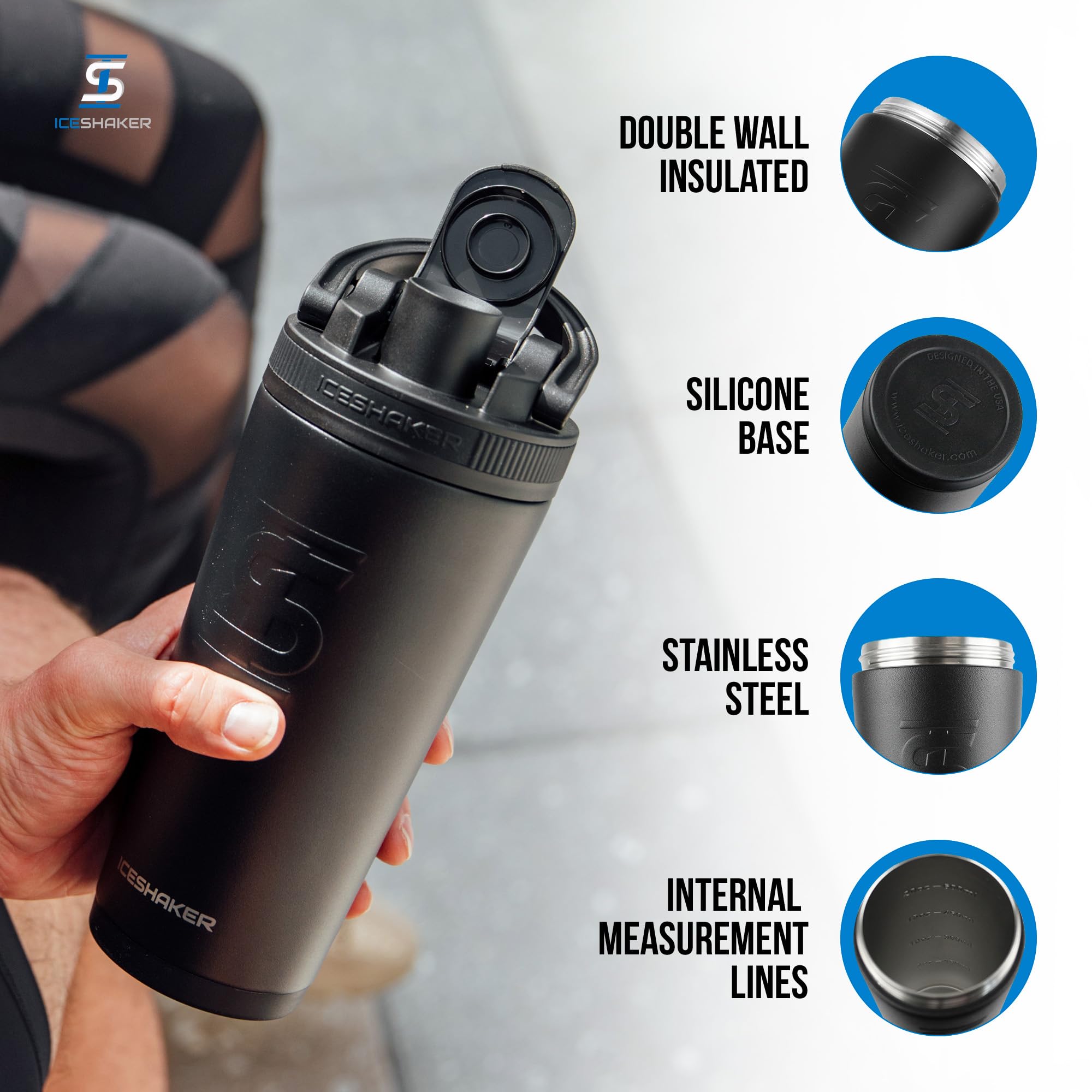 Ice Shaker Insulated Stainless Steel Shaker Bottle  26Oz, Black  Cold For 30+ Hours