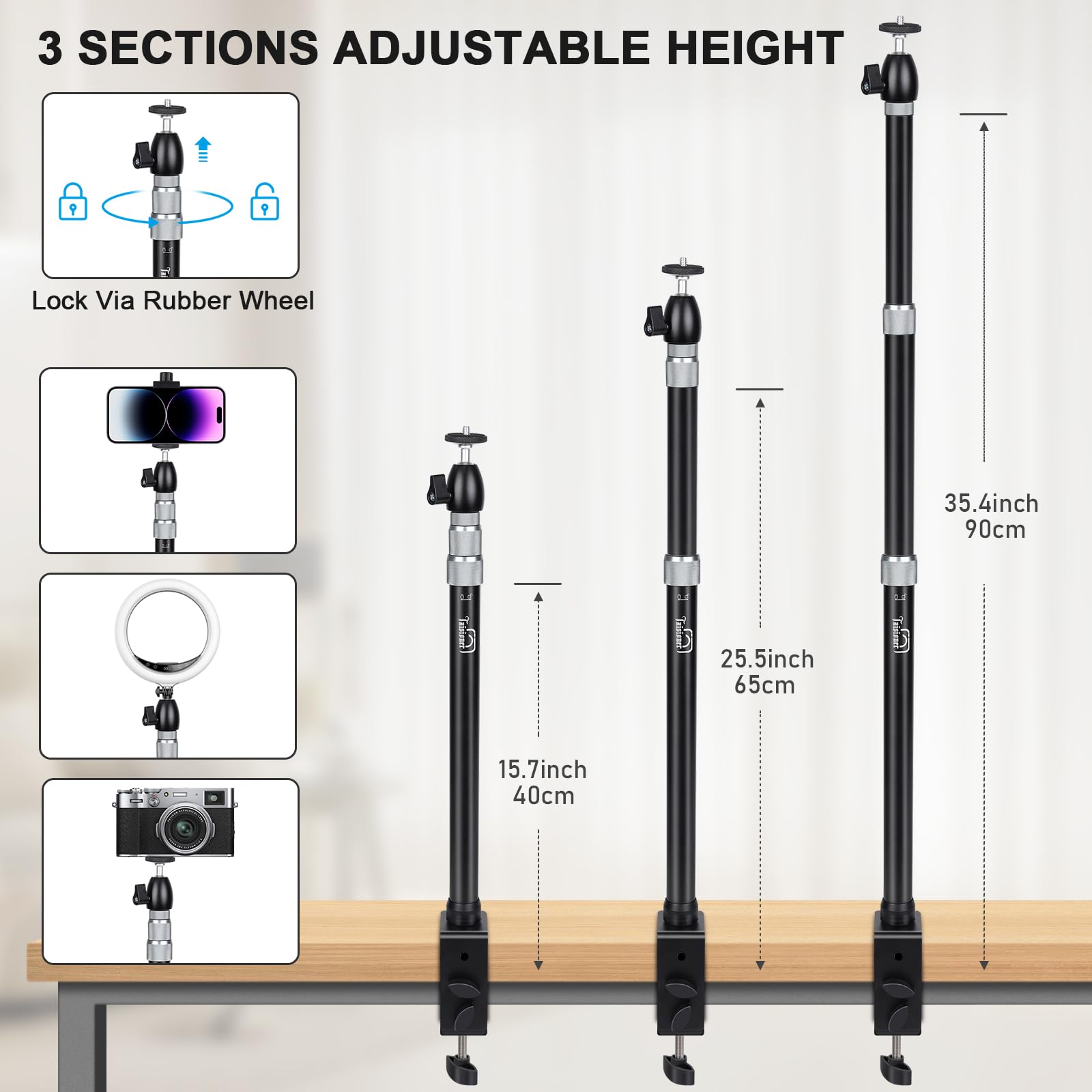 Tsonaregion Camera Desk Mount Heavy Duty Aluminum Alloy With 360° Ball Head - Adjustable 15.7-35.4 Inch Table Clamp For Dslr, Webcam, Ring Light, Live Streaming & Video Shooting