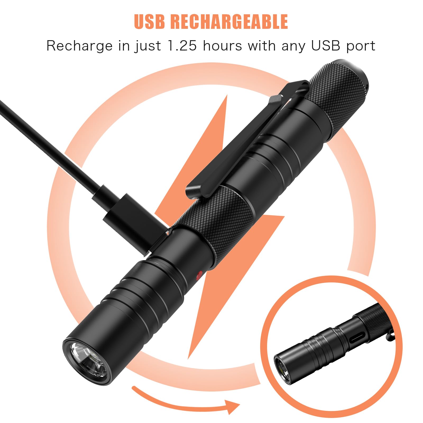 Elfgo Rechargeable Zoomable Led Penlight, 3 Modes, 350 Lumens Pocket Size Clip Flashlight For Nurse, Inspection, Repair, Emergency