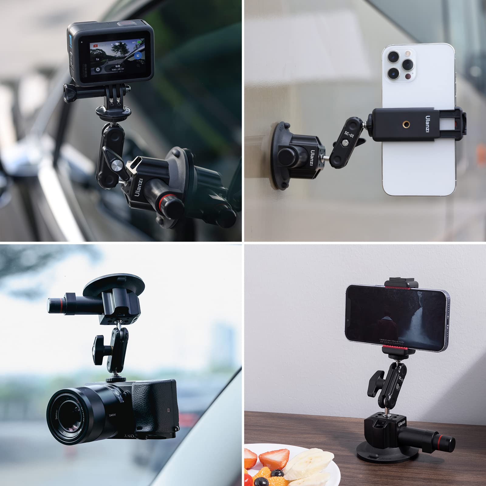 Uurig Sc-01 Suction Mount 3" For Vlogging Action Camera Car W Smartphone Clamp For Iphone 16 15 14 13 Pro Max, 1/4" Magic Arm Adapter Mount Desk Suciton Mount For Car Windshield Window