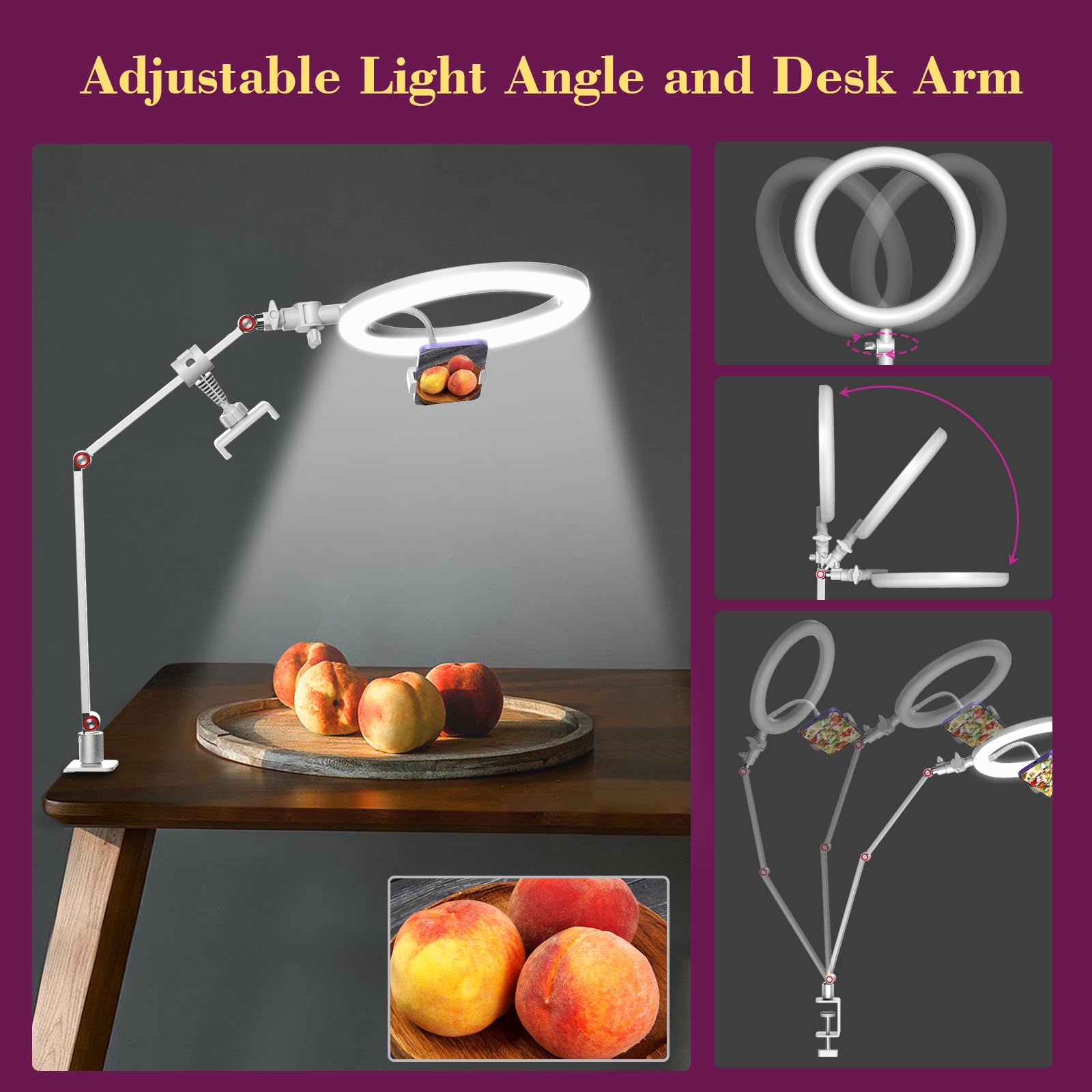 Miao Lab Usb 10' Ring Light For Desk With Stand And Phone Holder, Ring Light With Overhead Camera Mount And Adjustable Desk Arm Stand For Photography,Makeup, Zoom Calls, Youtube Videos（White）