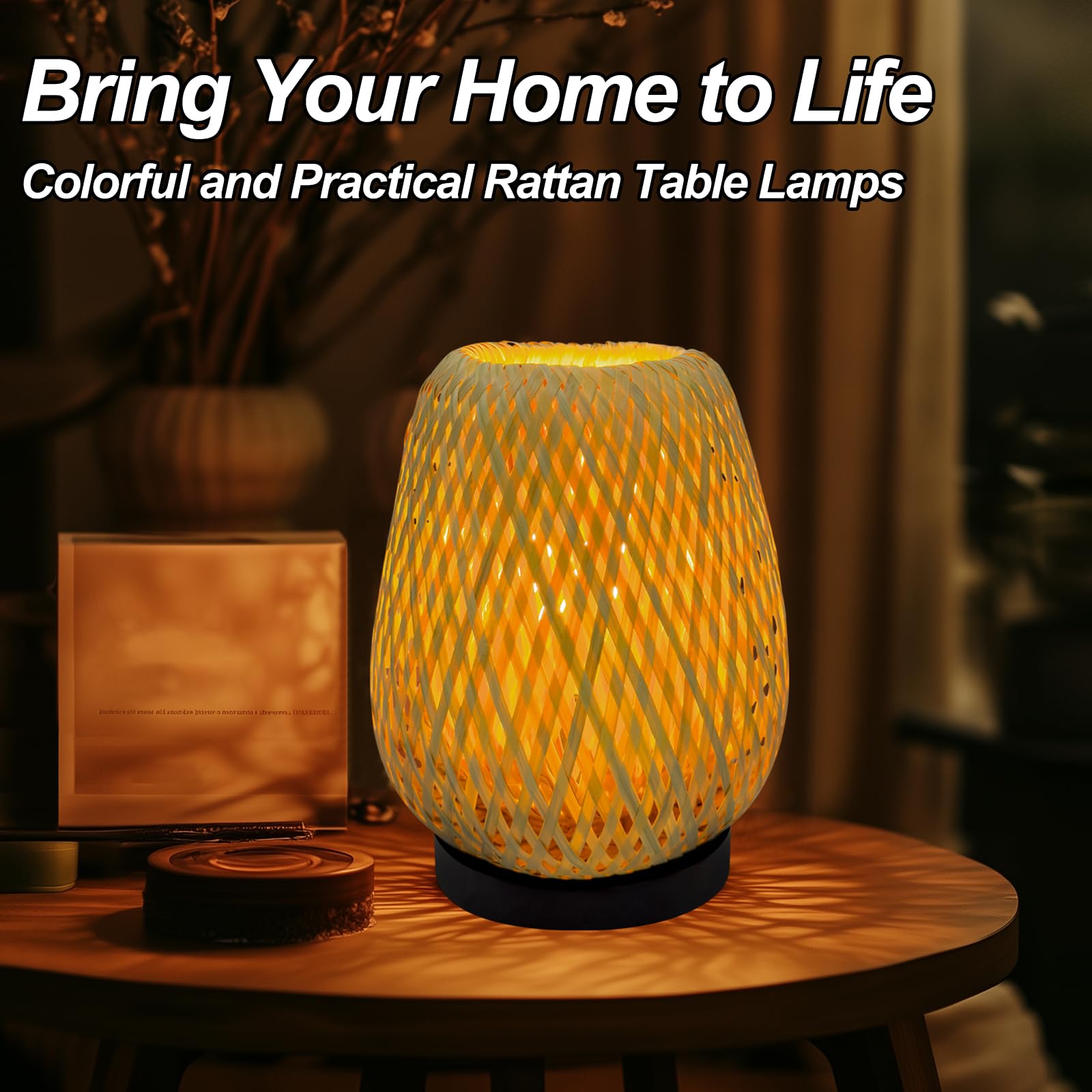 Jriceskiz Dimmable Rattan Table Lamp, Handmade Boho Woven Nightstand Lamp, Adjustable Warm Glow For Bedroom, Living Room, And Home Decor
