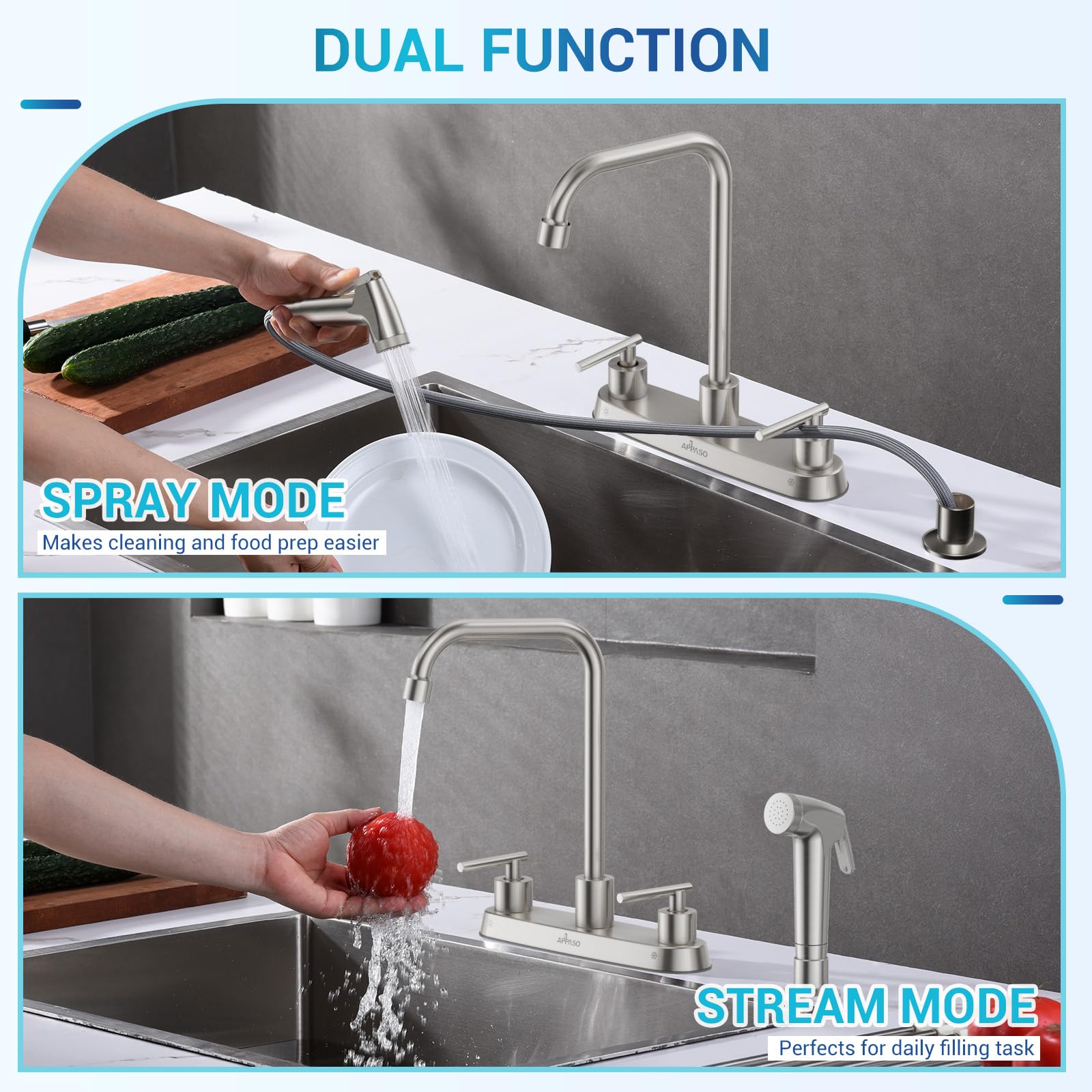 Appaso Kitchen Faucet With Side Sprayer, Brushed Nickel Kitchen Sink Faucet, 4 Hole Kitchen Faucet, Stainless Steel Faucet For Kitchen Sink, 2 Handle Faucets With High Right Angle Spout