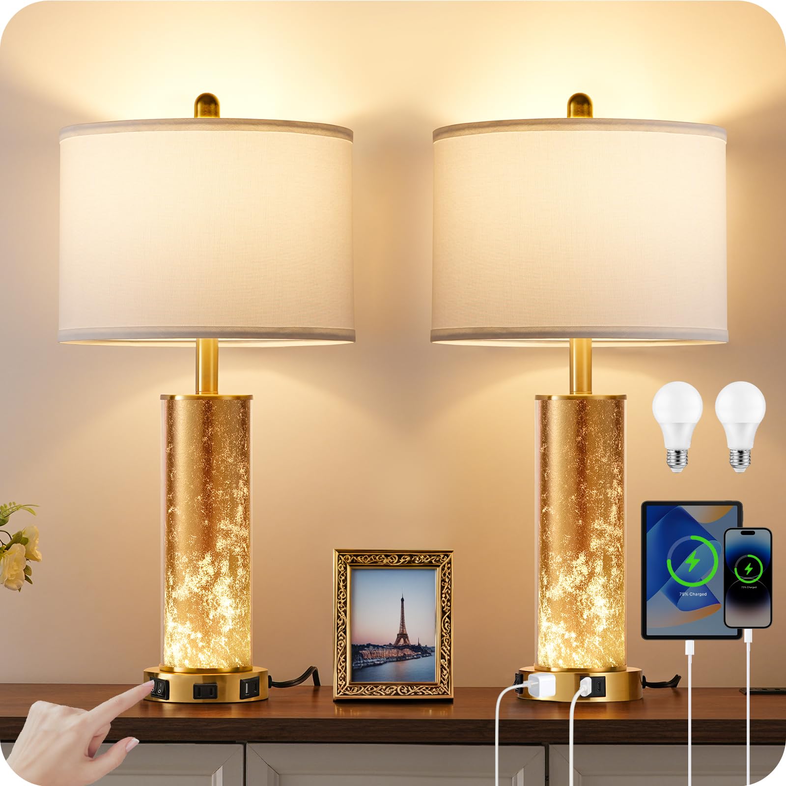 Goebleson 25.6" Modern Table Lamps Set Of 2, Tall Bedside Lamps With Nightlight, Nightstand Lamp With Ac Outlet, Usb A+C Ports, Desk Light For Bedroom, Living Room, Office, Led Bulbs Included W01Tl05