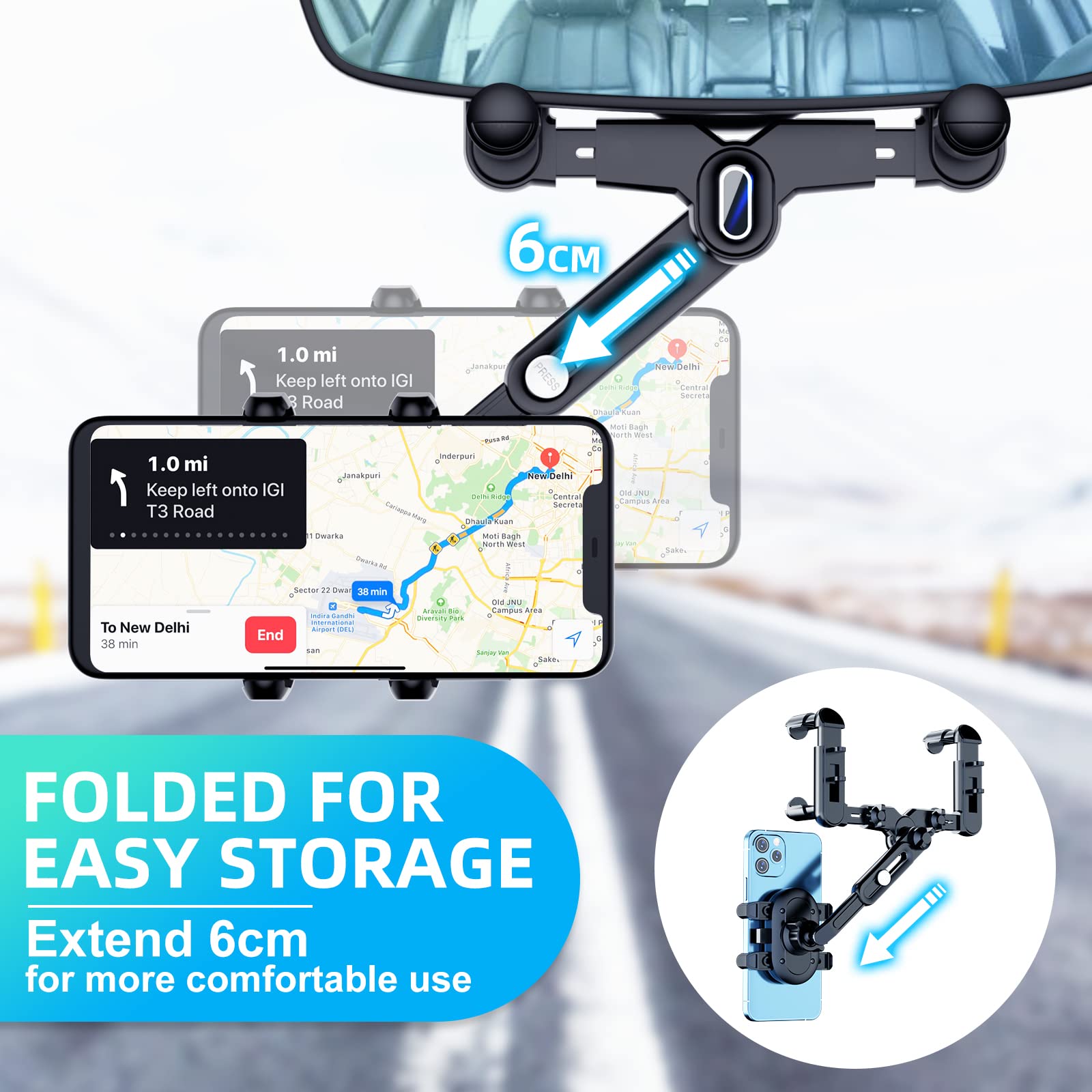 Fonken Phone Mount For Car, 360° Rotatable And Retractable Car Phone Holder Mount  Adjustment Rear View Mirror Phone Holder For Car Universal Rearview Mirror Cell Phone Car Mount Fit For All Smartphones