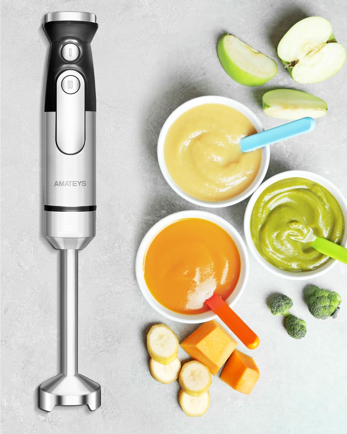 Amateys Handblender With Plug,Immersion Blender Handheld, Heavy-Duty Copper Motor, Detachable Stainless Blade Dishwasher Safe, 2 Modes With Pulse,Infinitely Variable Speed, Space-Saving Design
