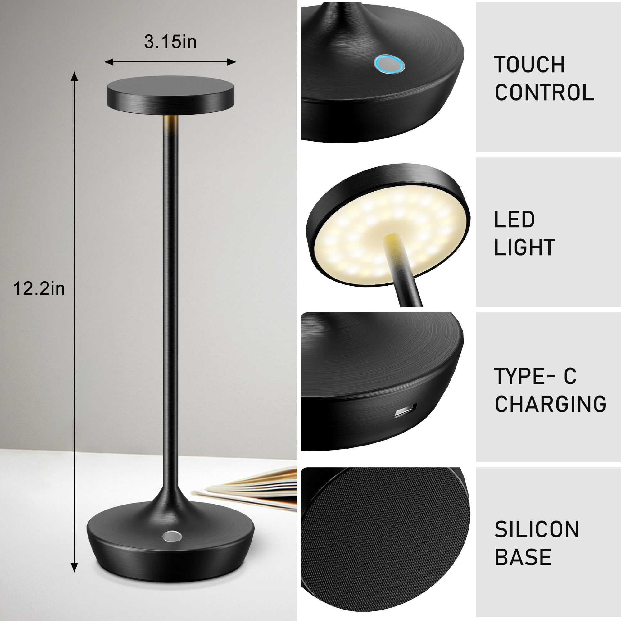 Willdoak Cordless Table Lamp Rechargeable - 6000Mah Led Battery Operated Table Light - Portable Touch Dimmable Outdoor Waterproof Table Lamps For Patio Restaurant Dining (2 Black)