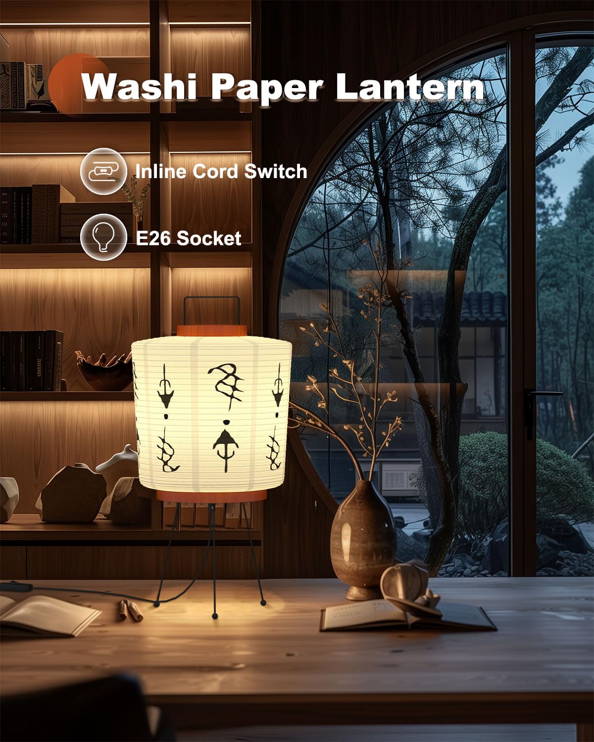 Tacahe Handmade Akari Table Lamp - Japanese Washi Paper Lantern - E26 Socket With Inline Cord Switch - 3 Color Temperature Bulb Included - Japandi Style Ambient Light - 21" Height