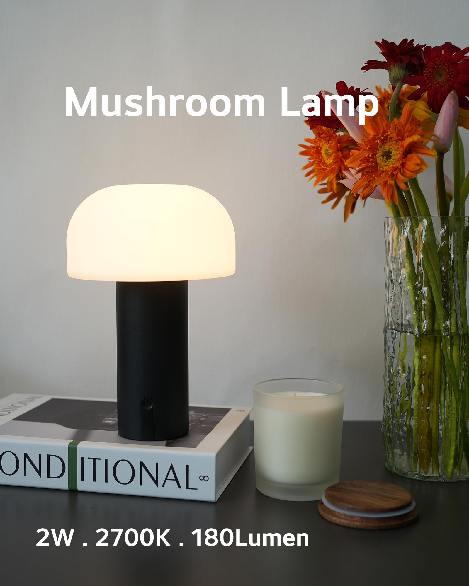 Ilovinit Outdoor Mushroom Table Lamp Rechargeable, Cordless Lamps For Patio Waterproof, Portable Battery Operated Lamp With Usb Charging, Touch Dimming Night Light For Home/Porch/Restaurant (Black)