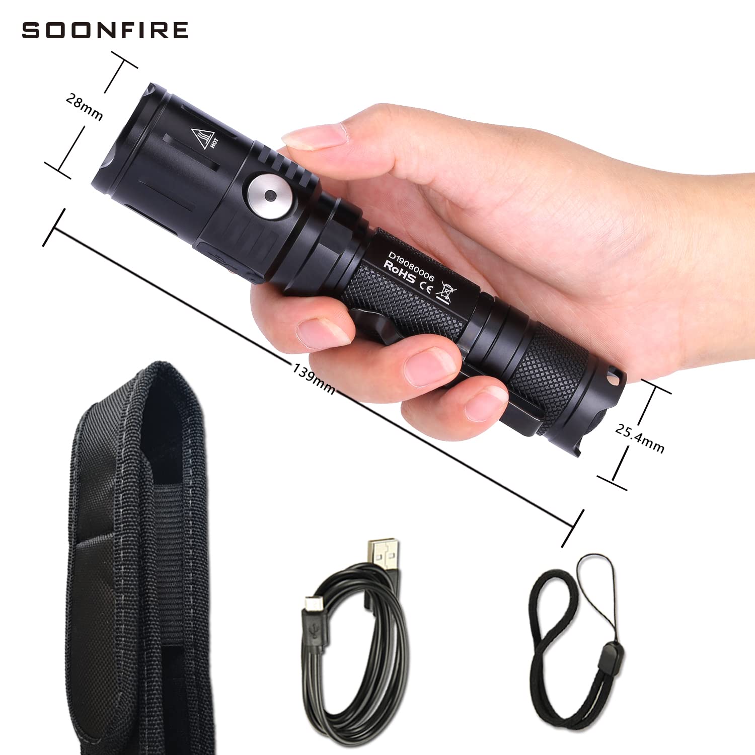Soonfire Mx65 Tactical Flashlight 1060 Lumens Built-In A Fast Charging Rechargeable Led Handheld Flashlights 5 Brightness Waterproof Flashlight