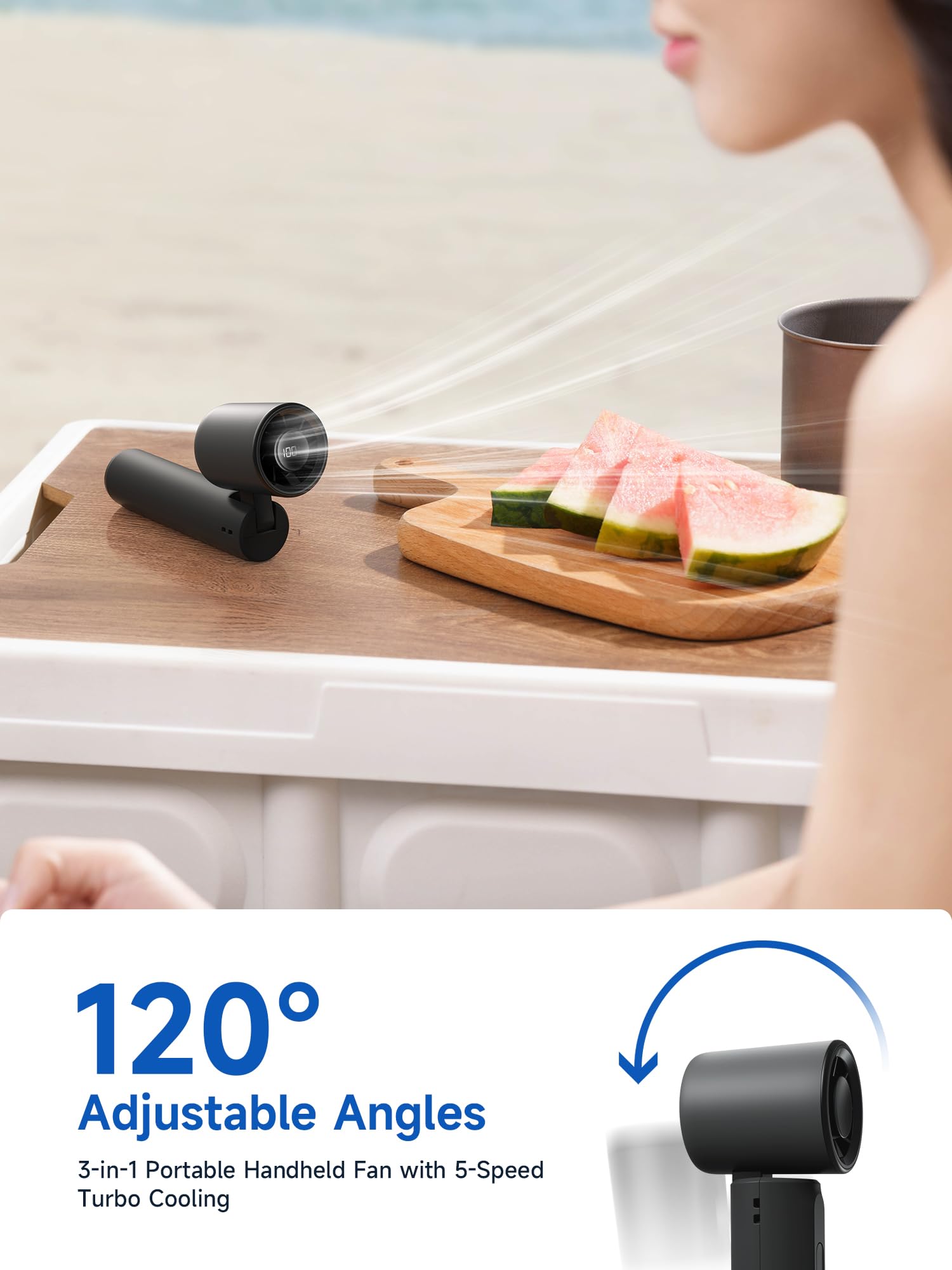 Mini turbo fan with 5 wind speeds, 120° foldable design perfect for travel and outdoor use