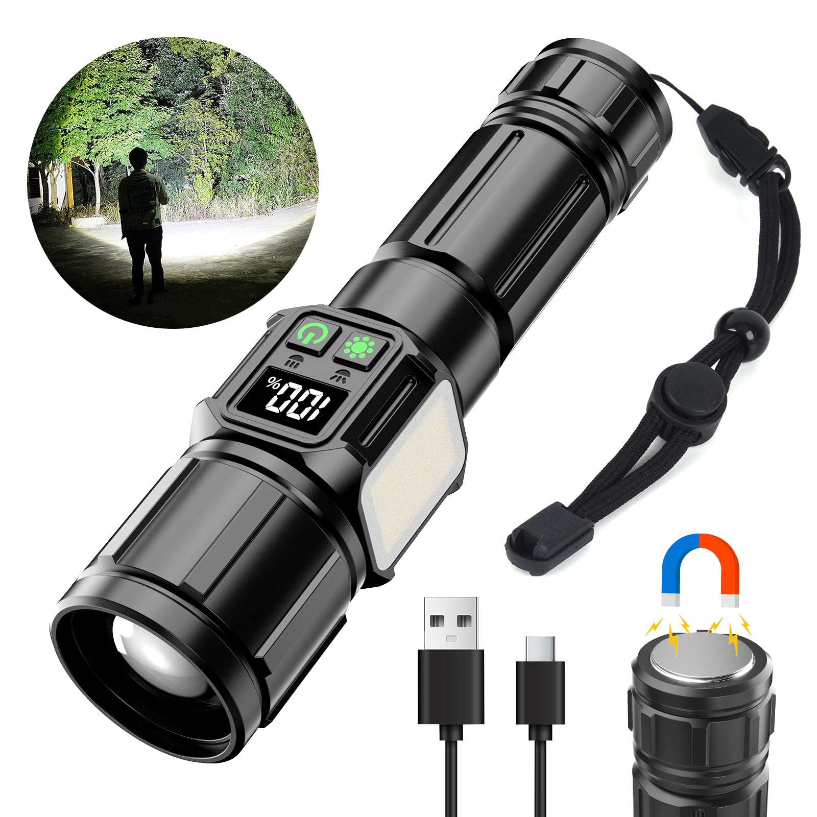 Buntey High Lumen Led Flashlight Rechargeable Handheld Flashlights High Lumens Flashlights For Home Zoom With Lcd Digital Display 9 Modes Waterproof Powerful Tactical Flashlight Used For Emergency 