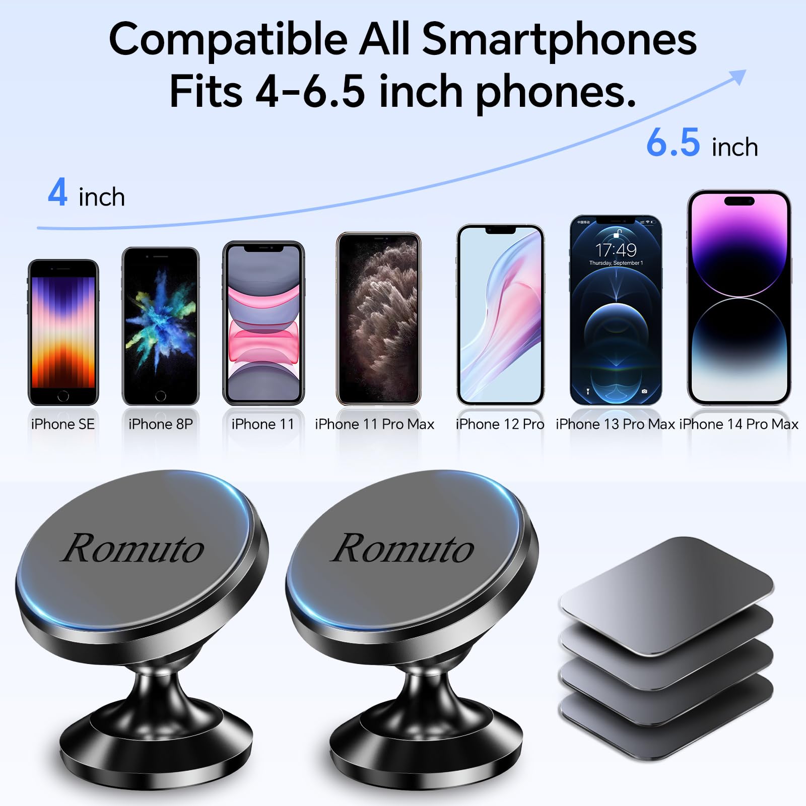 Romuto 【 2-Pack 】 Magnetic Phone Holder For Car Dashboard【Strong Magnet】Iphone Magnetic Phone Mount For Car Phone Holder 【4 Metal Plate】Cell Phone Holders For Your Car Mount For Iphone 16 Pro Max 15 14 13 12