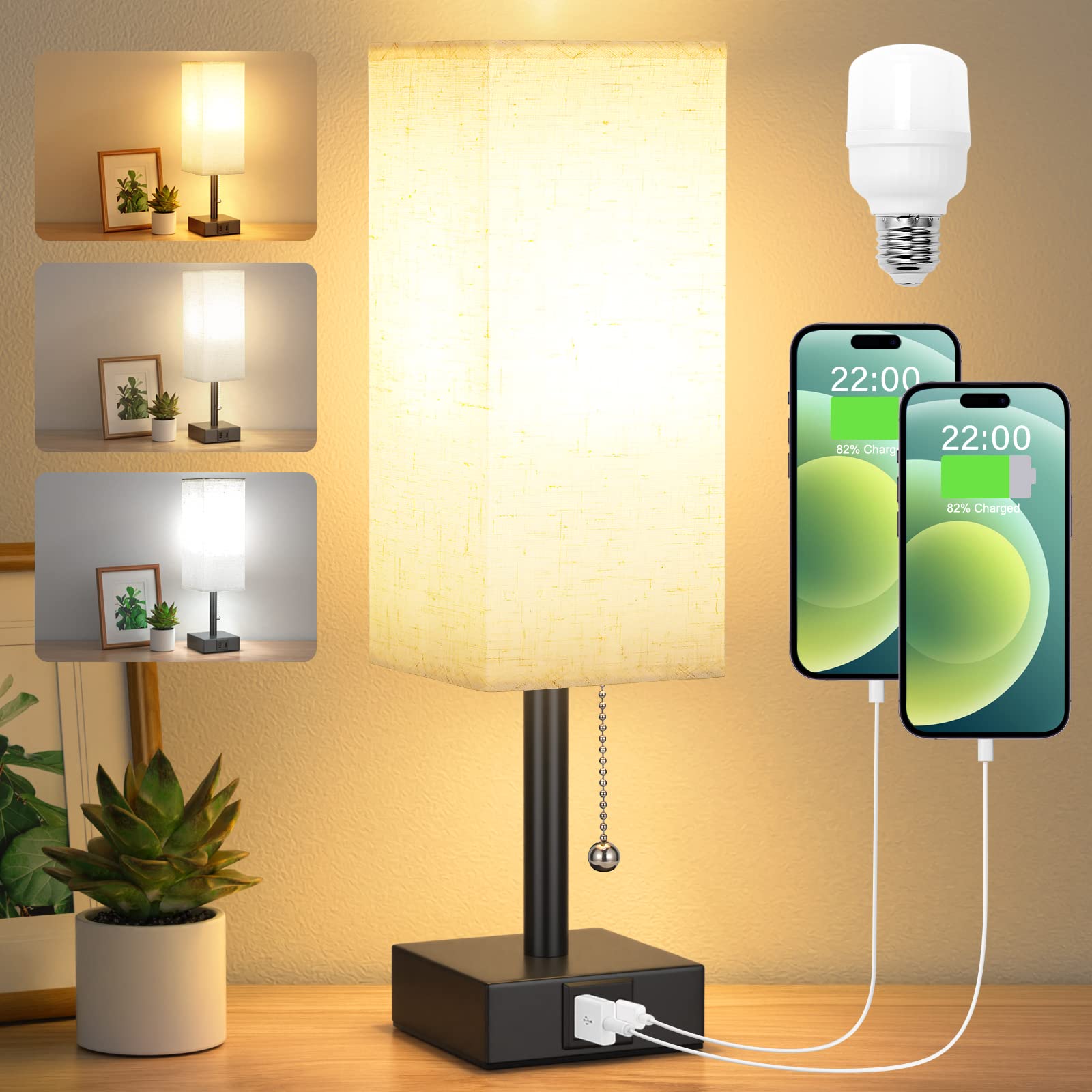 Aooshine Bedside Table Lamp With 3 Color Temperatures - 3000/4000/5000K Small Lamp With Usb C+A Ports, Nightstand Lamp With 3 Color Modes By Pull Chain, Bedroom Lamp For Living Read Work(Led Bulb Included)