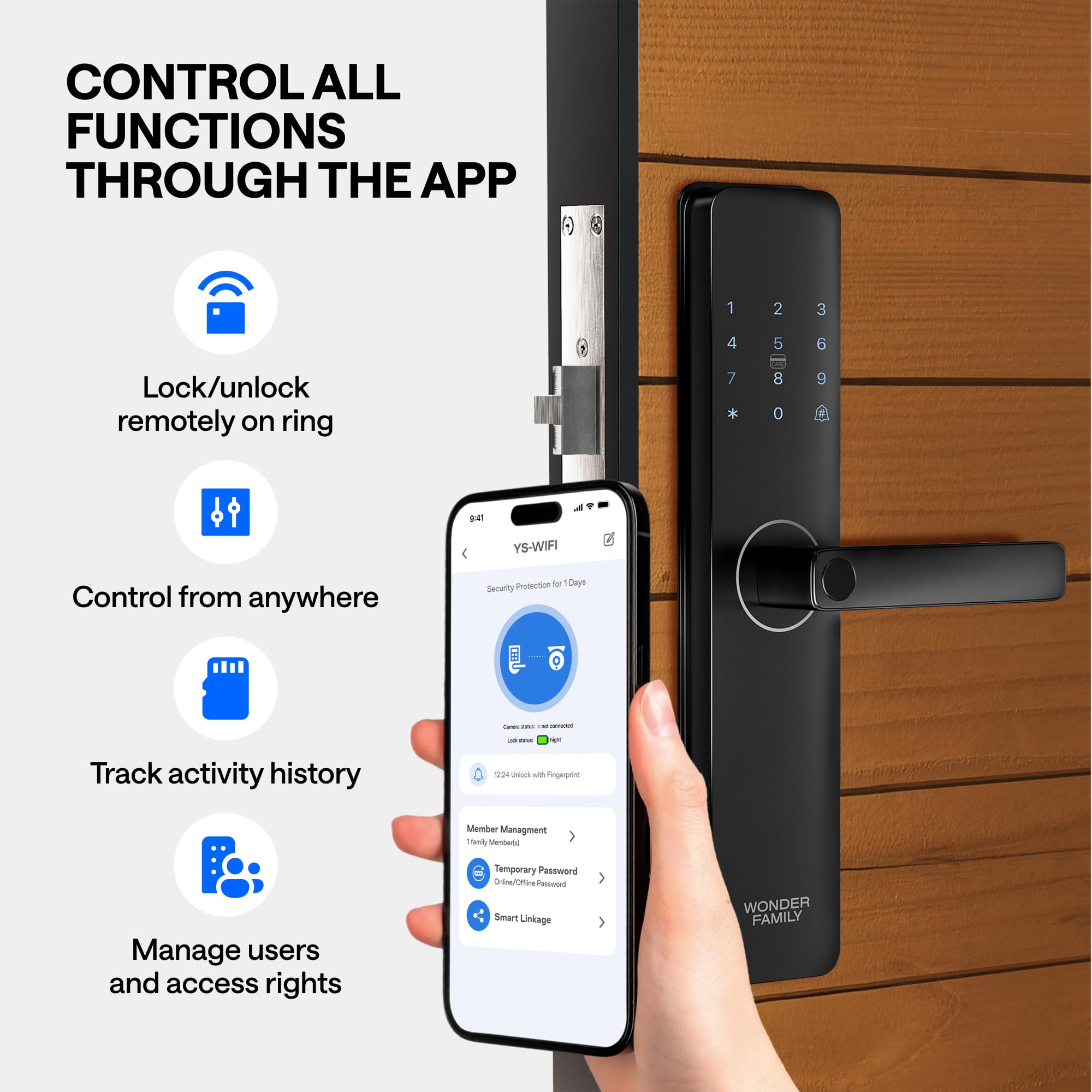 Wonder Family Smart Mortise Lock With Wifi Camera, Installation Kit - Digital Keyless Entry Door Lock Deadbolt With Handle Set - Card, Keypad, Fingerprint, Passcode - Electronic Smart Door Locks For Front Door
