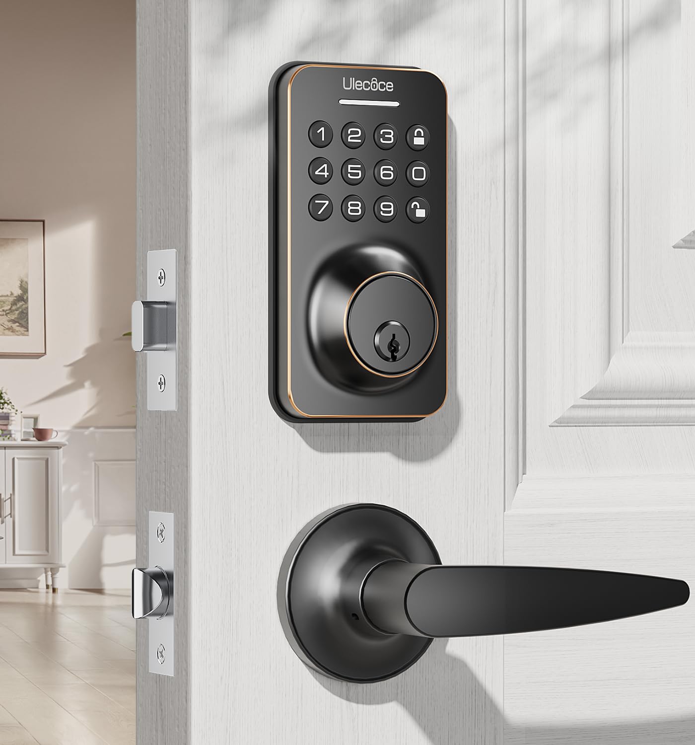 Ulecoce Keyless Entry Door Lock Deadbolt With Handle Set, Keypad Door Lock With Handle Smart Door Locks For Front Door With Set Code With Easy Installation, Auto Lock, (Oil Rubbed Bronze)