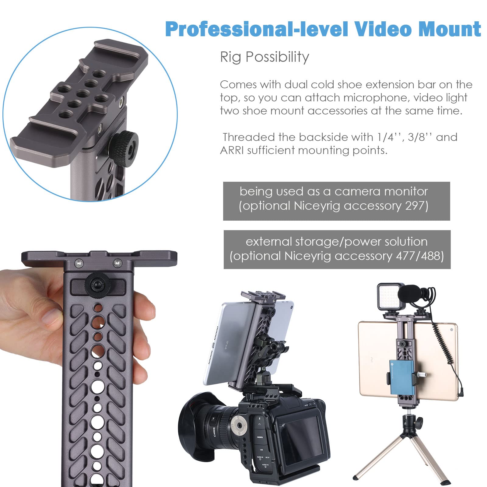 Niceyrig Tablet Tripod Mount Handheld Video Holder Kit For Ipad Mini 7.9/ Air 10.5 10.9/ Pro 11 12.9, Galaxy Tab S8/S7/S6 With 15Mm Rod Handle Set, 12’’ 15Mm Rod And Rail Block [Aluminum Alloy] - 511