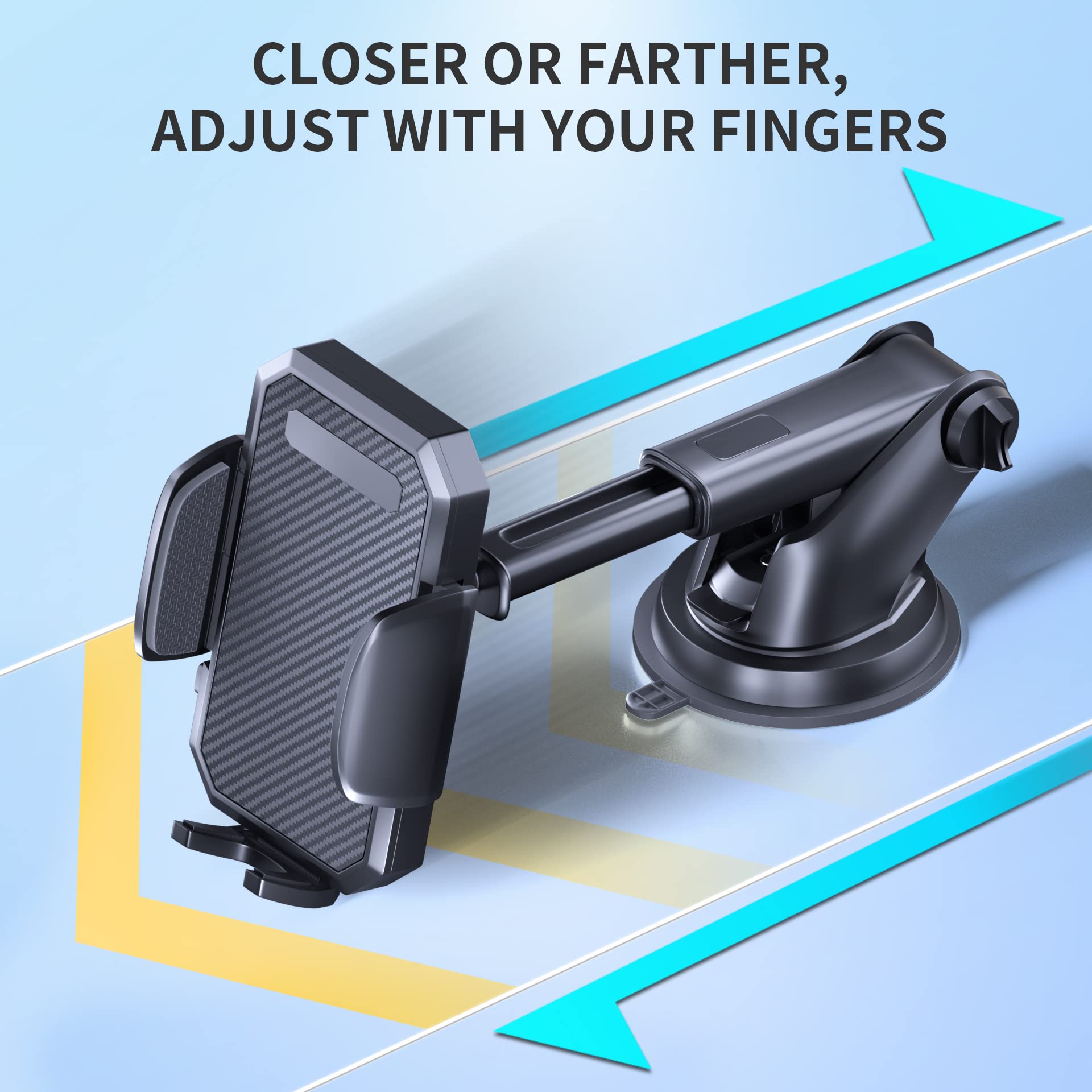Fbb Phone Mount For Car, [ Off-Road Level Suction Cup Protection ] 3In1 Long Arm Suction Cup Holder Universal Cell Phone Holder Mount Dashboard Windshield Vent Compatible With All Smartphones