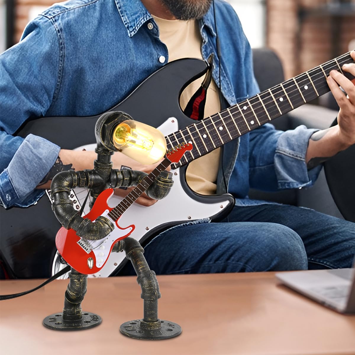 Efaycrr Steampunk Table Lamp With Mini Electric Guitar, Cool For Music Lovers, Creative Steampunk Lamp Electric Guitar Table Lamp Decor Retro Light Industrial Robot Light