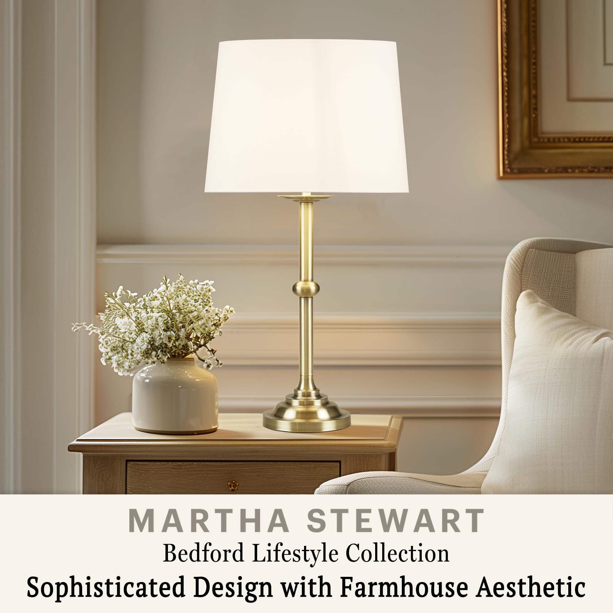 Hampton Hill Aelorian Table Lamp - Antiqued Brass Nightstand Bedside Lamp Bedford Collection, Farmhouse Study Lamp, Clear Polarized Cord, Socket Swtich, Empire Fabric Shade, 22.5" H