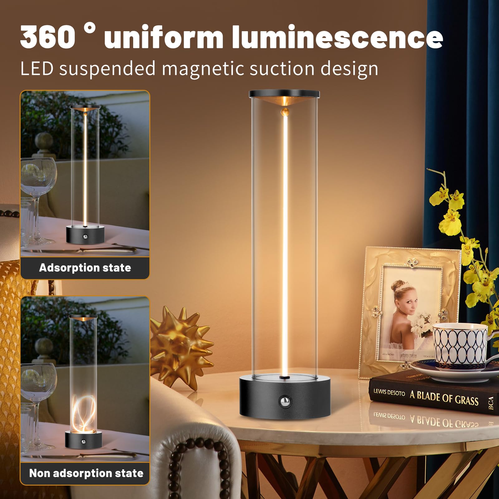 Yyxgoob Cordless Portable Led Table Lamp， Rechargeable Battery Operated Desk Lamp With Touch Sensor, Three-Level Dimmable Suitable For Bars/Cafes/Restaurants/Bedrooms/Camping Site (Black)