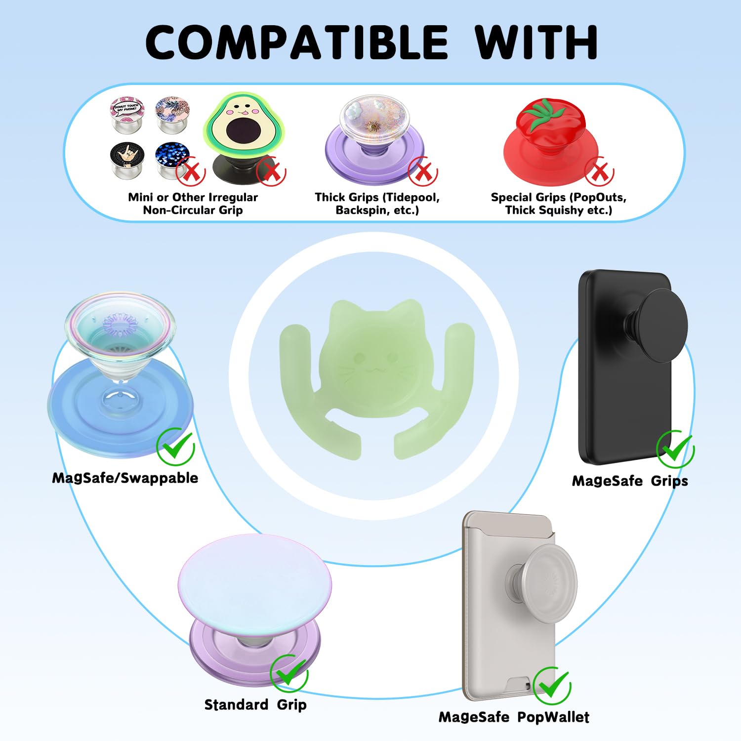 Homefox Multi-Surface Holder Car Mount 2 Pack Compatible For Popsocket Grip Holder For Pop Mount Device Support Accessory Desk Wall Mount Cute Cat Strong Adhesive Stick Pad, Black & Glow In The Dark