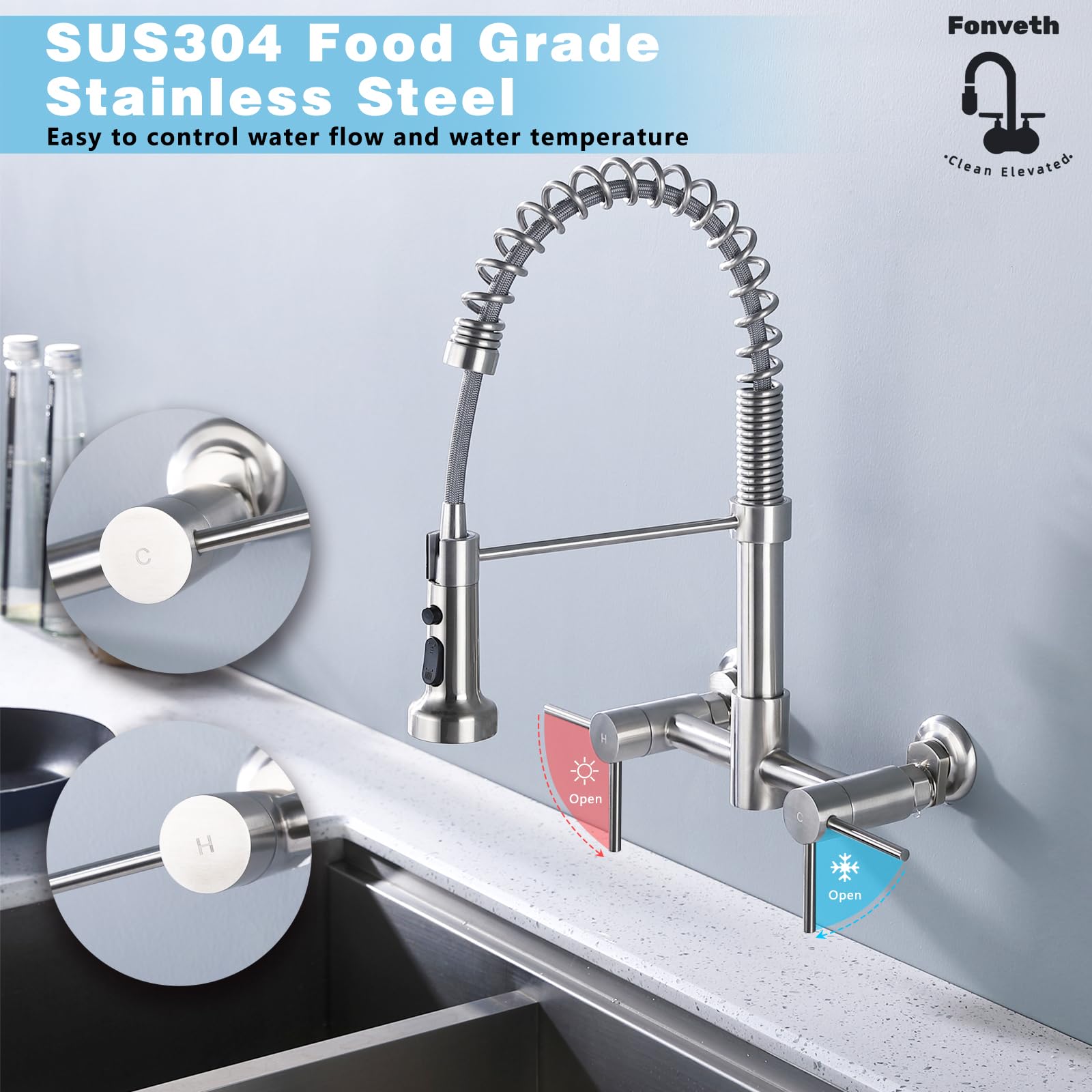 Fonveth Wall Mount Kitchen Faucet, 8 Inch Center Wall Mount Kitchen Sink Faucet With Pull Down Sprayer Commercial, Brushed Nickel