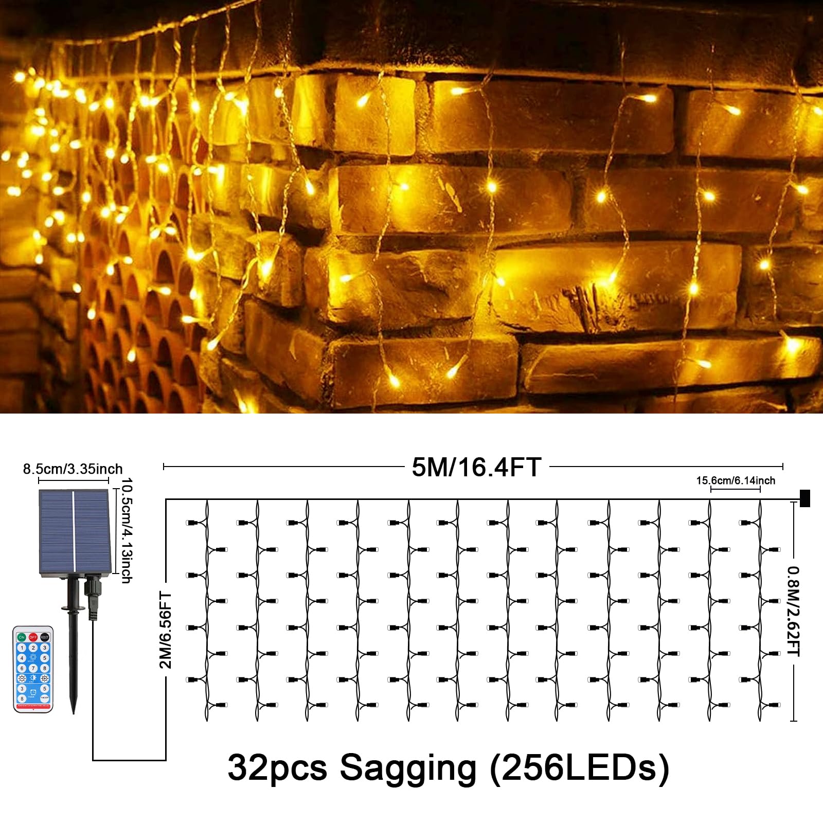 Opahuter Solar Icicle Lights Outdoor, 23Ft 256 Leds Christmas Icicle Lights With 8 Lighting Modes, Remote Control, Ip65 Waterproof Curtain Fairy Lights With 32 Drops For Window Xmas Garden Gazebo