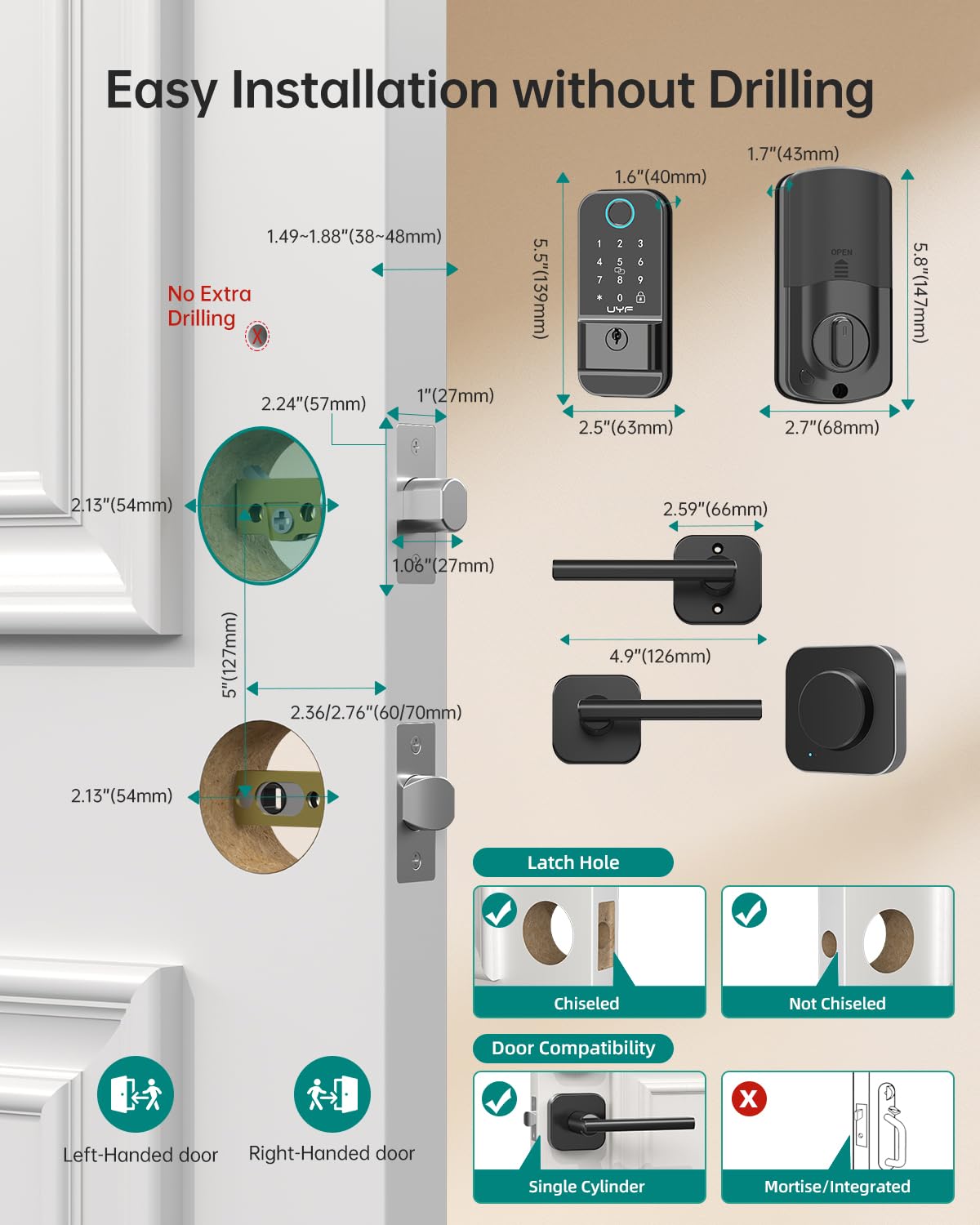 Uyf Wifi Smart Lock For Front Door: Keyless Entry Door Lock Deadbolt With Handle Set Fingerprint Electronic Keypad Door Lock Alexa Bluetooth Code Auto Lock For Home Apartment Black
