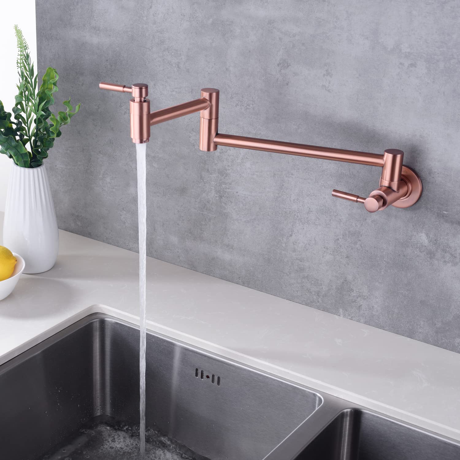 Fonveth Copper Pot Filler Faucet,Brass Pot Filler Wall-Mount,Folding Stretchable Double Joint Swing Arm Single Hole Two Handle Kitchen Sink Pot Filler Faucet Rose Gold