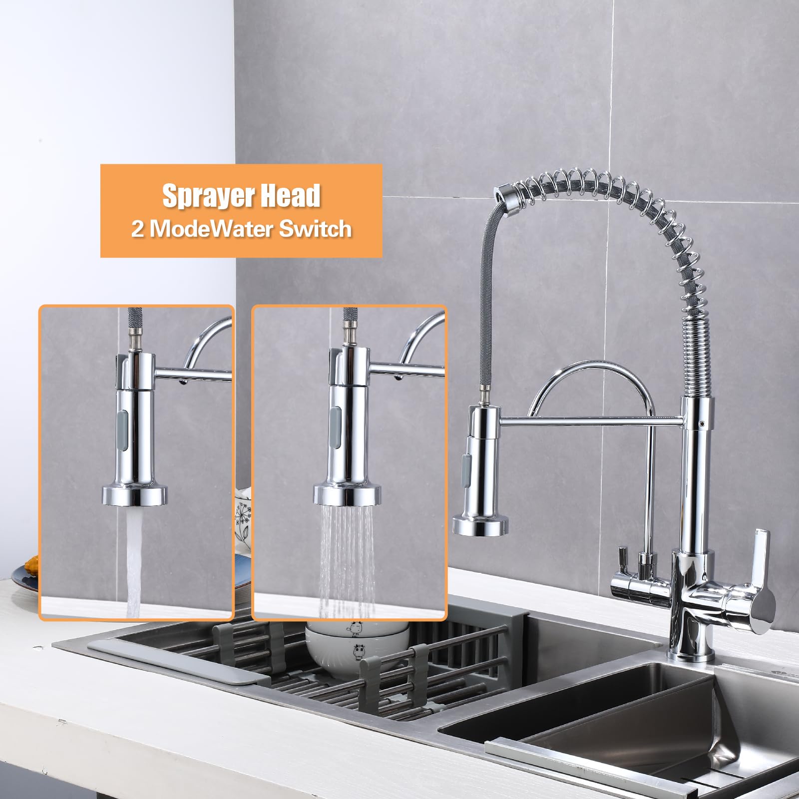 Piiripple Kitchen Sink Faucet With Sprayer 2 Handle 3 In 1 Water Filter Purifier Spring Drinking Water Faucets, Brass Drinking Water Faucet Reverse Osmosis Faucet,Chrome, Js00001C
