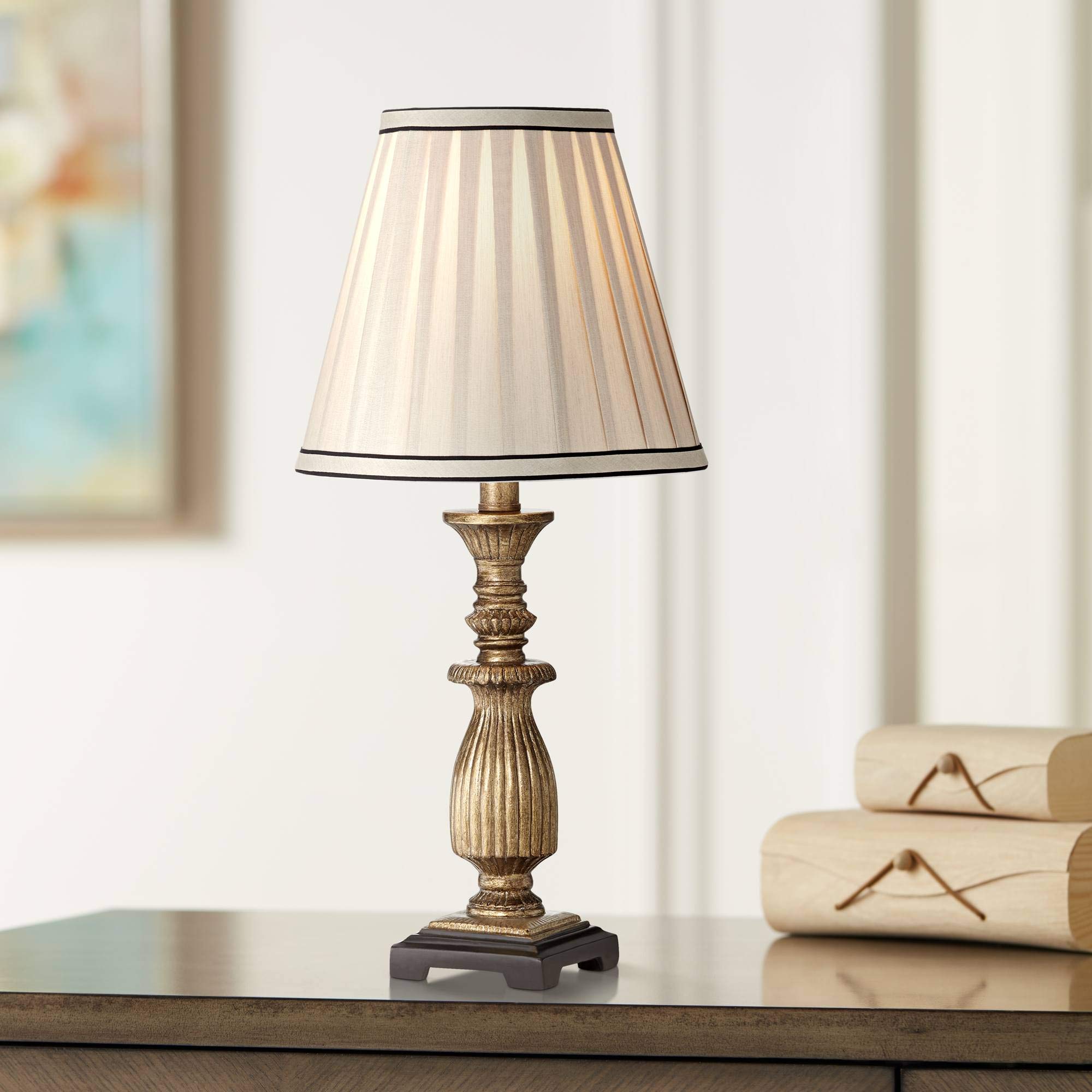 Regency Hill Ribbed Traditional Rustic Accent Table Lamp 18" High Antique Gold Beige Fabric Pleated Empire Shade Decor For Bedroom Living Room House Home Bedside Nightstand Office Family