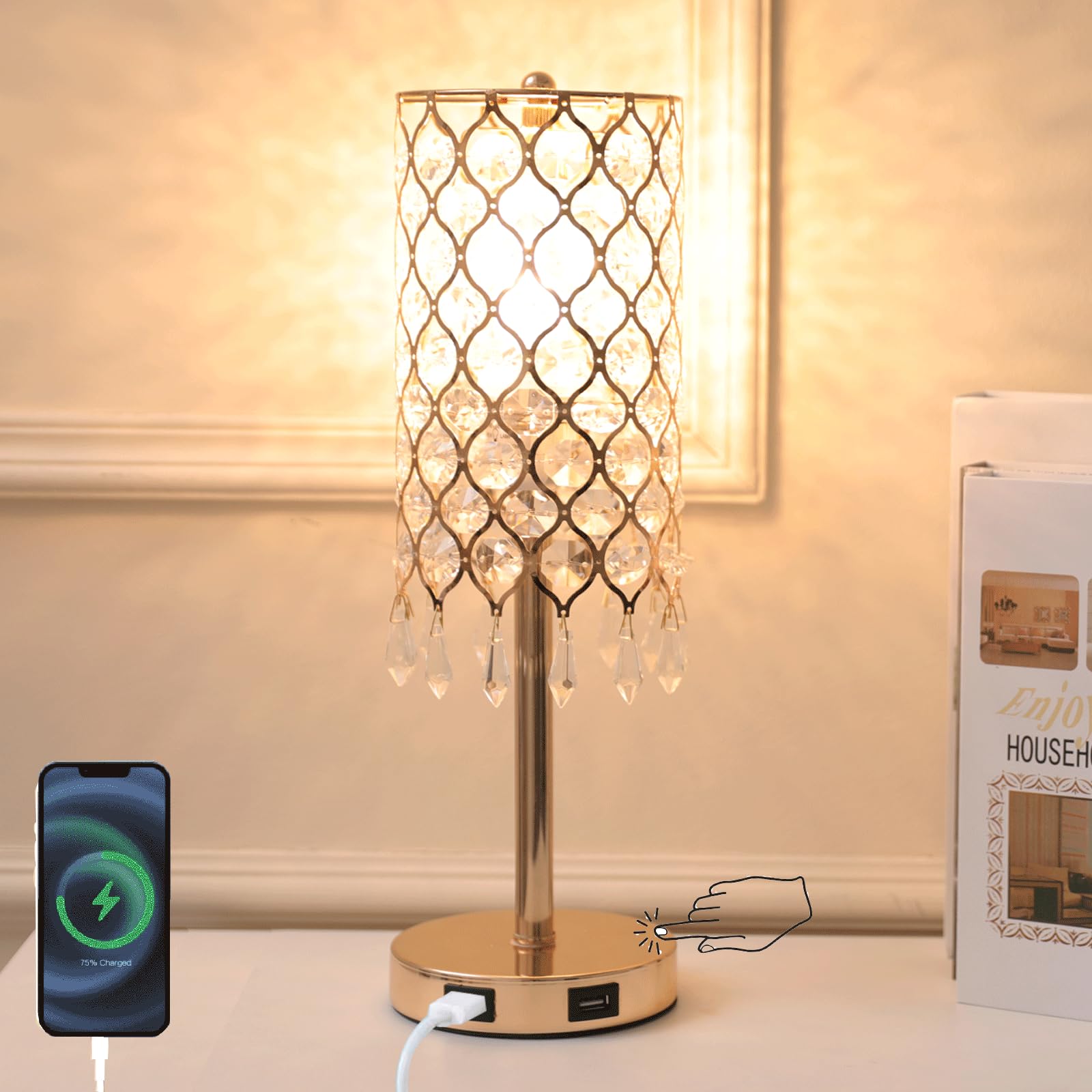 Cotulin Crystal Table Lamp,Gold Lamp With Usb Ports, 3 Way Dimmable Touch Lamp With Crystal Shade, Bedside Nightstand Gold Accent Lighting For Living Room Bedroom Home Office, Readin,Christmas