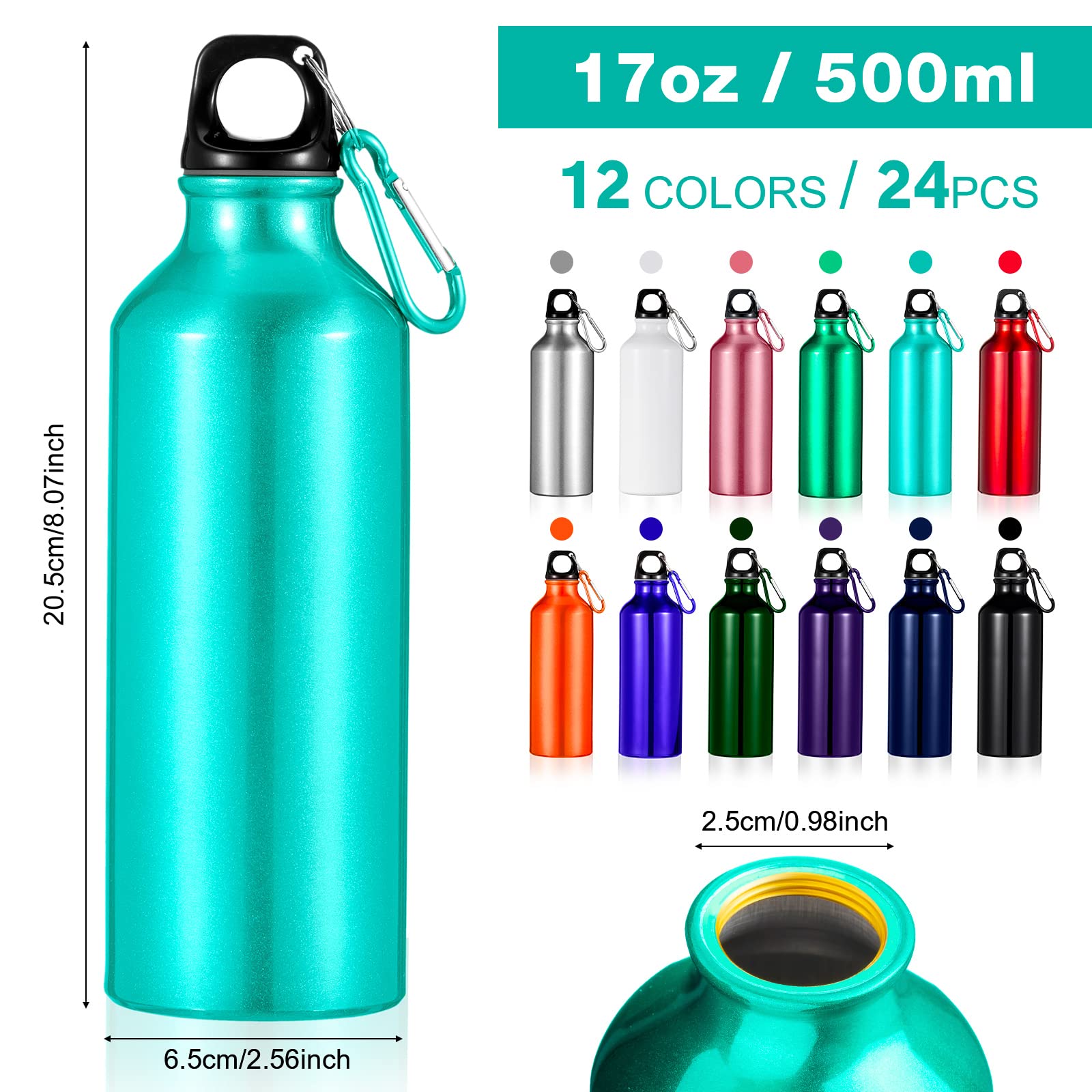 24 Pieces Aluminum Water Bottle 17 Oz Leak Proof Lightweight Aluminum Bike Sports Bottle Bulk