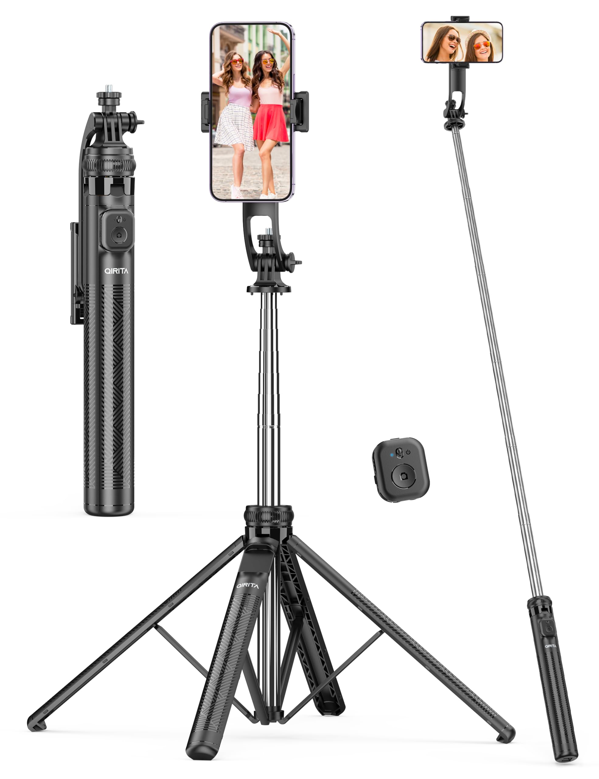 Qirita 71" Quadrapod, All In One Selfie Stick Tripod With Remote & Phone Holder, Extendable Cell Phone Tripod With 1/4" Screw, Travel Tripod Stand For Cell Phone & Camera Compatible With Iphone, Android
