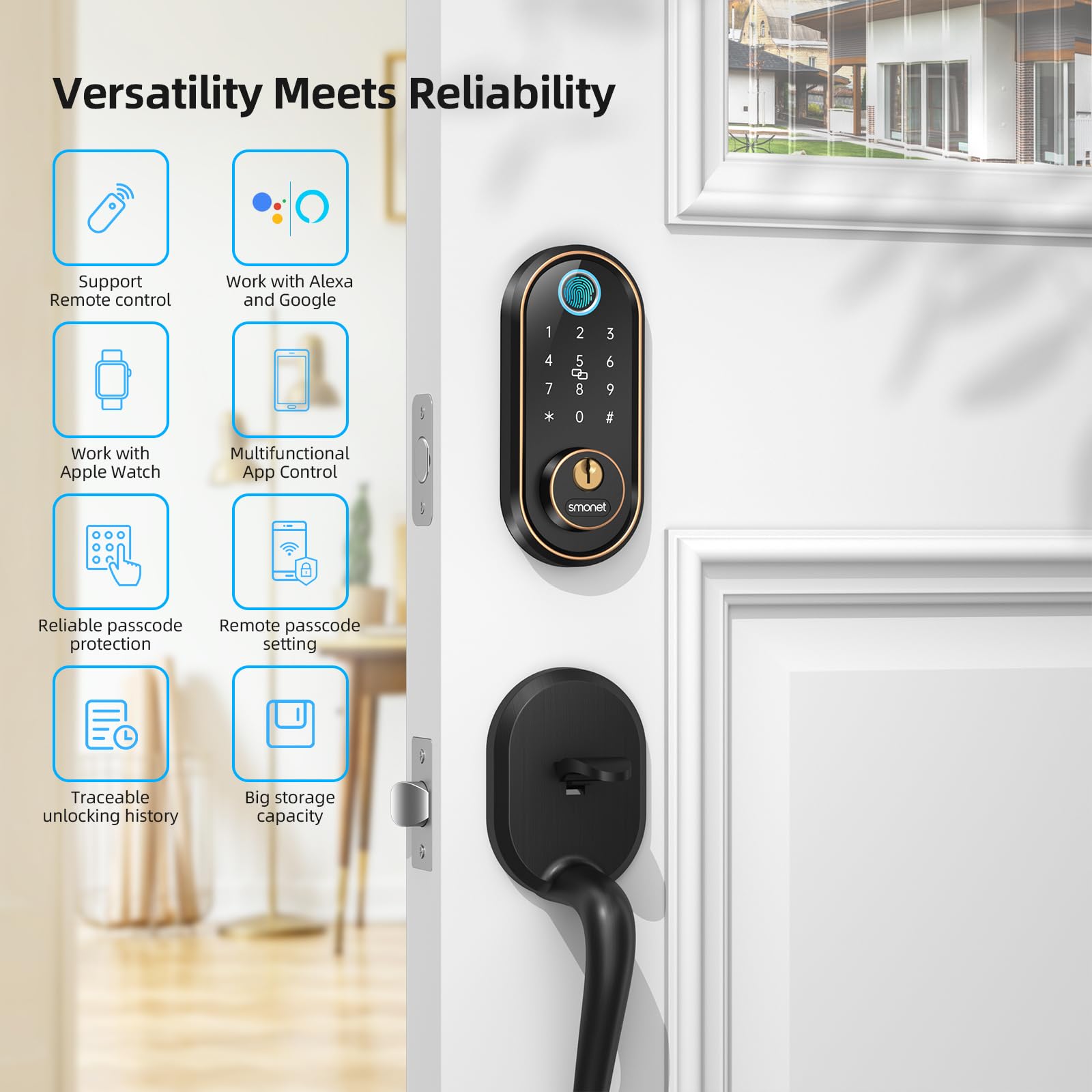 Smonet Smart Keyless Entry Door Lock - Fingerprint Electronic Deadbolt Touchscreen Keypad Biometric Digital Bluetooth Door Lock Smart Deadbolt Compatible With Alexa For Homes And Hotel