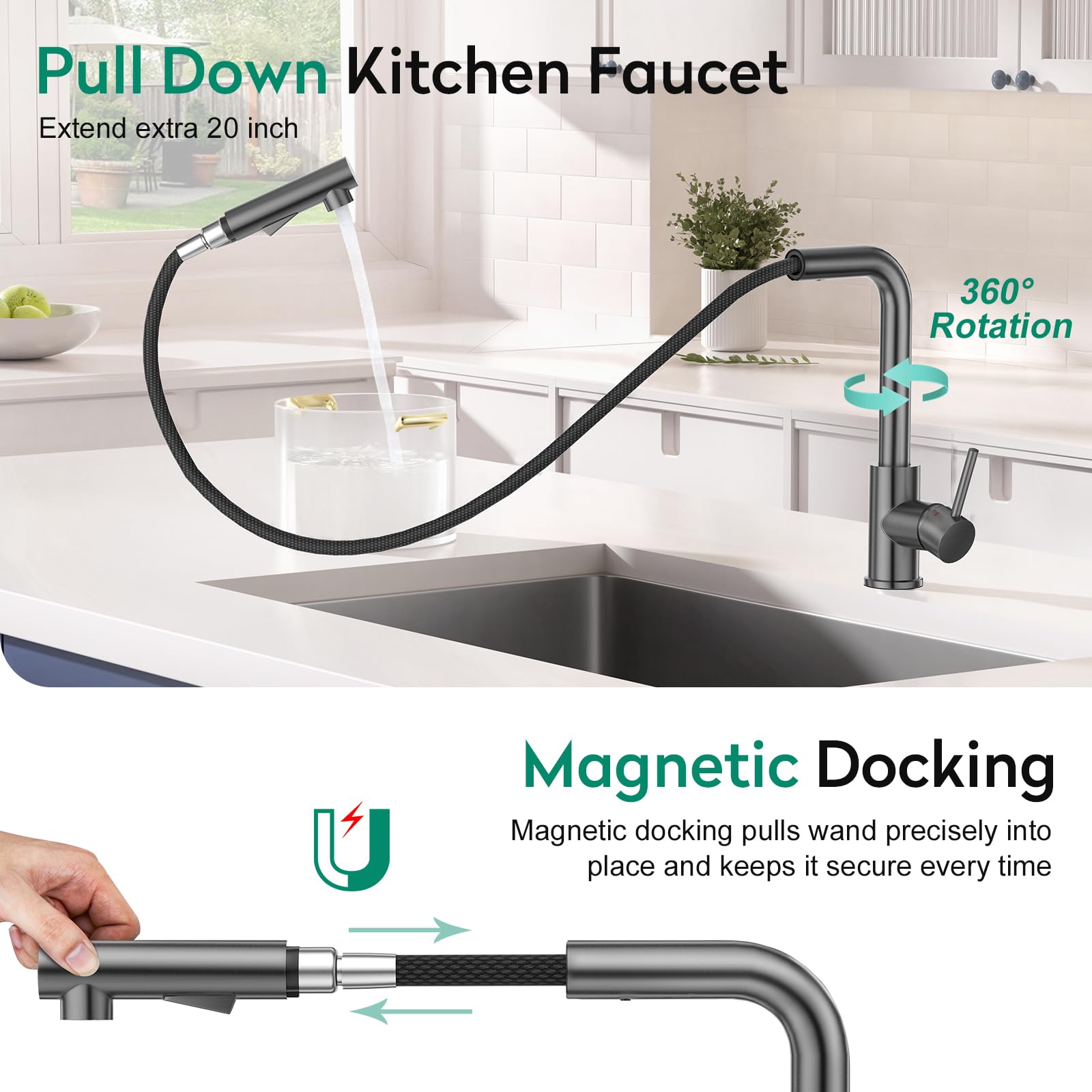 Crea Kitchen Faucets, Grey Kitchen Faucet With Pull Down Sprayer,Stainless Steel Kitchen Faucet 3 Hole,Single Handle Bar Sink Faucet 1 Hole,Rv Kitchen Sink Faucet For Campers,Bar Faucet