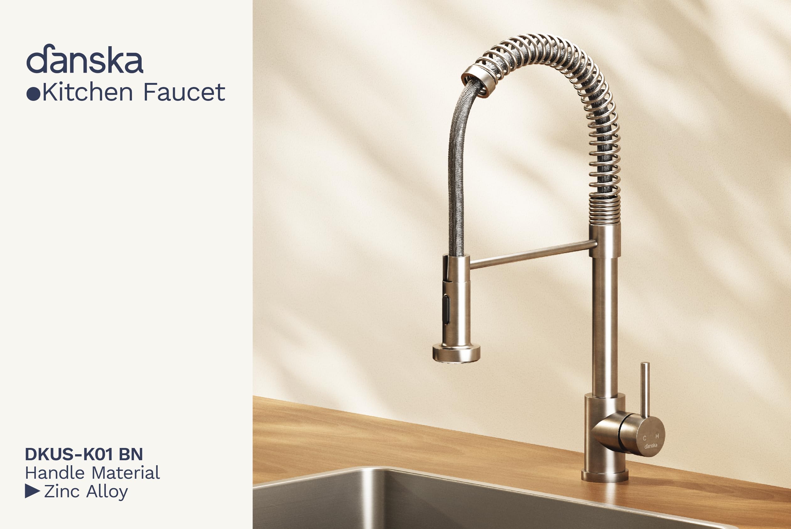 Danska Kitchen Faucet - Single-Lever Danish Design  Pull Down Sprayer  360° Swivel Spout  Brushed Nickel Finish  Brass & Stainless Steel Build  Great Water Flow At 1.8Gpm  Diy Installation