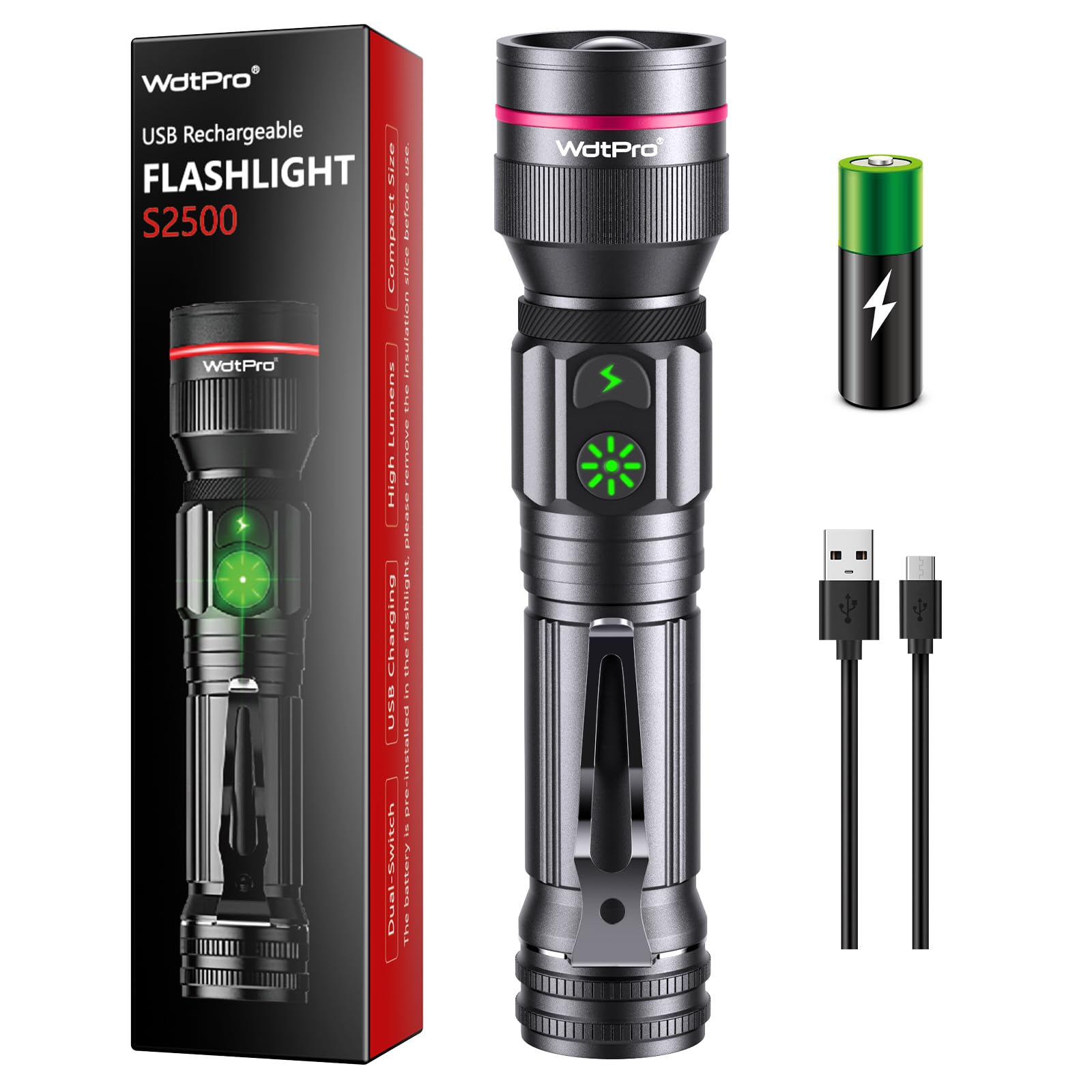 Wdtpro Flashlights Rechargeable, 1200 High Lumens Super Bright Led Flashlight Portable, 5 Modes Dual Switch Utility Flashlight With Clip, Waterproof Zoomable For Camping Emergency, Battery Included