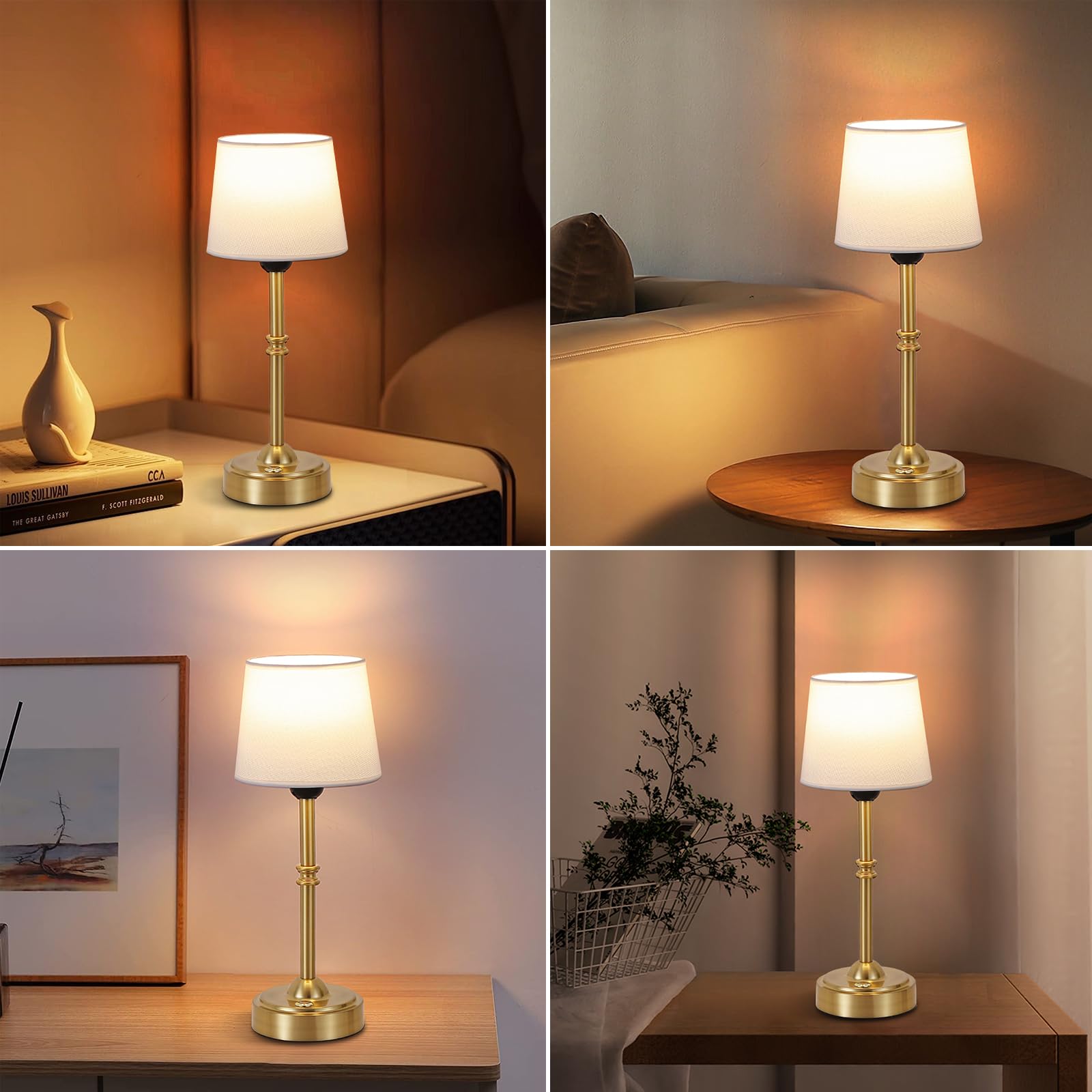 Pinrutar Portable Cordless Table Lamp, Usb Rechargeable 6000Mah Battery Operated Lamps With Flaxen Fabric Shade, 3000K Led Touch Dimmable Bedside Lamp, Small Night Light, Gold Brass