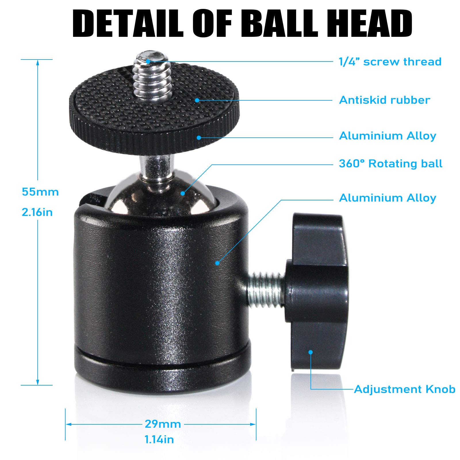 Exmax Mini Ball Head 360 Degree Aluminum Alloy Body Rotating Swivel Mini Tripod Ball Head With 3/8" To 1/4" Screw Adapter For Dslr Camera Camcorder Tripods Monopods Light Stand Bracket