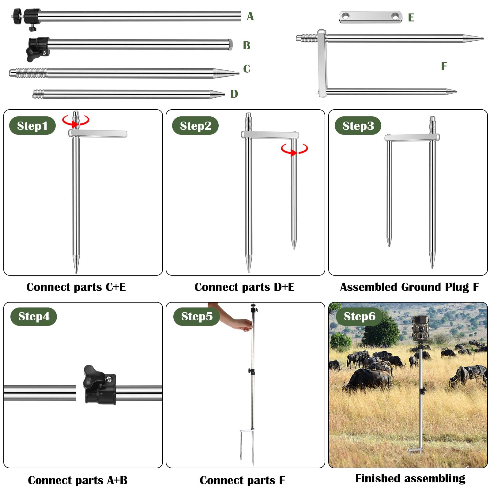 Morningro 1 Pack Trail Camera Stand Mount Foldable Stainless Steel Game Camera Stand Bracket 360° Adjustable 1/4''-20 (6Mm) Screw Connection Trail Stake With Camo Wrap Tapes For Deer Cam Accessories