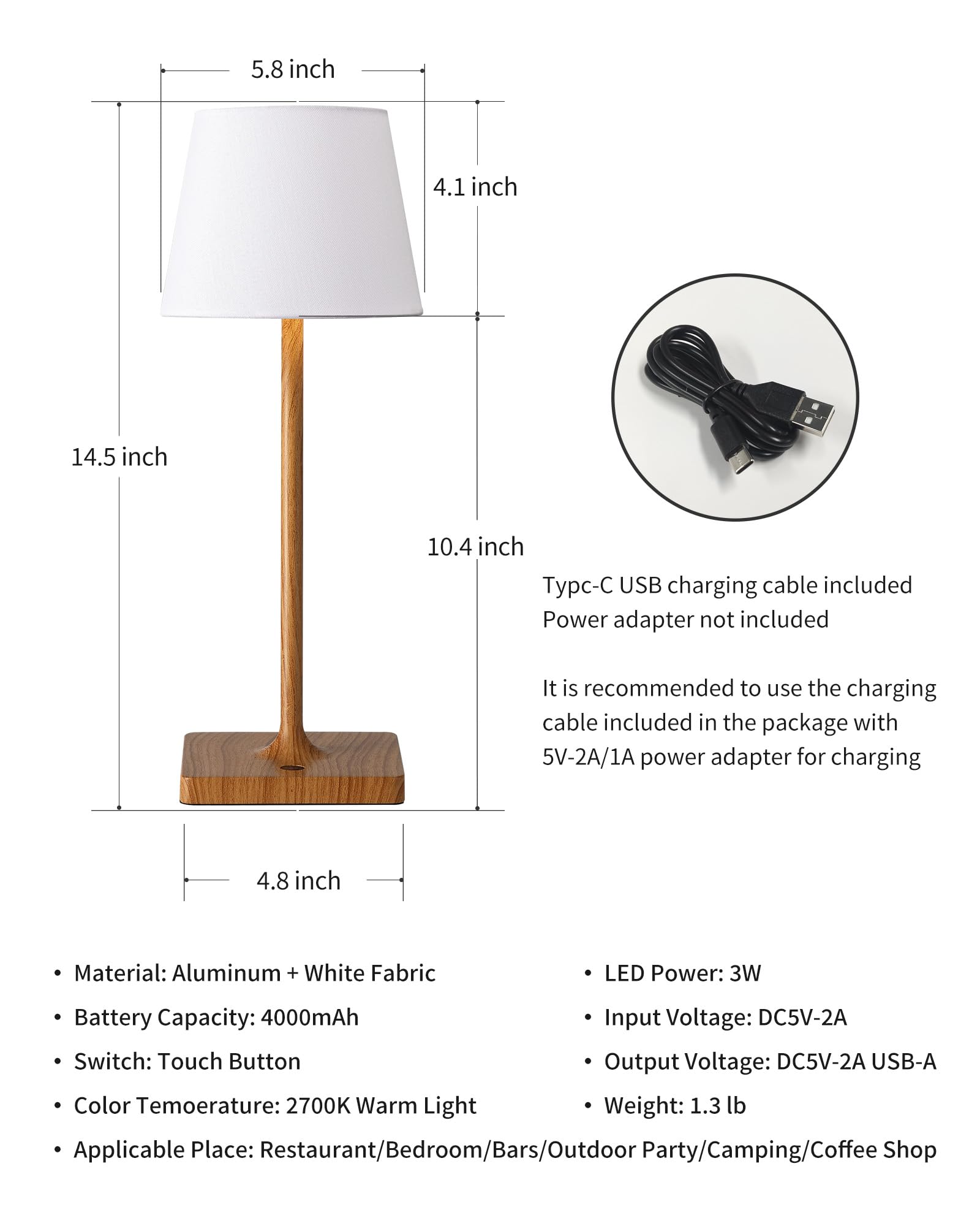 Newsee Cordless Touch Table Lamp Set Of 2, 4000Mah Rechargeable Battery Powered Dimmable Led Desk Lamps Fabric Lampshde, Baby Night Light For Restaurant, Dinning, Bedroom (Wood Grain 14.5")