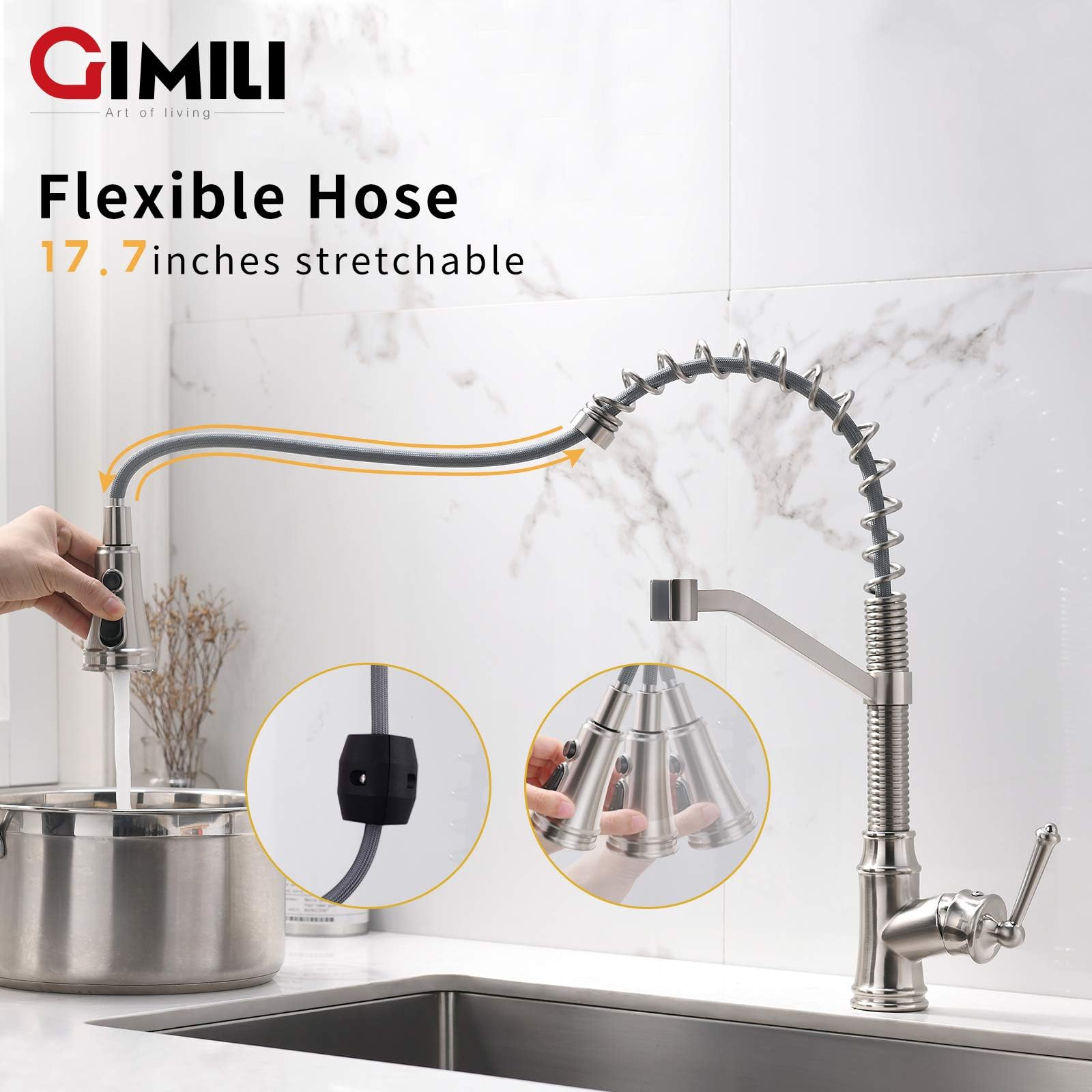 Gimili Kitchen Faucet With Pull Down Sprayer Single Handle Lever Spring Kitchen Sink Faucet Brushed Nickel
