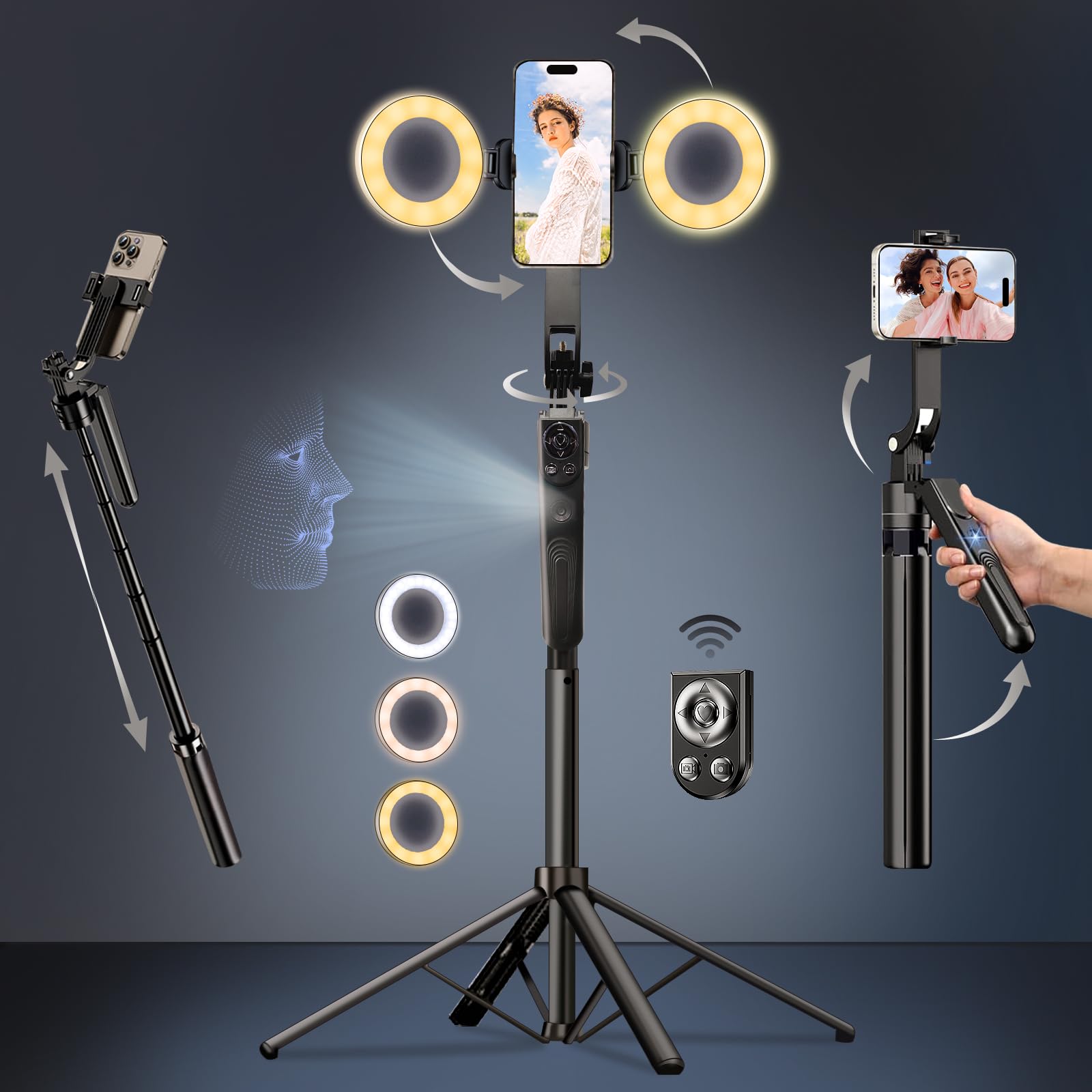 Hefrseyo Auto Face Tracking Selfie Stick Tripod For Iphone With Light,360 Rotation That Follows Your Movement,70" Phone Camera Tripod Stand With Remote For Content Creator Vlog Live Stream Video Recording