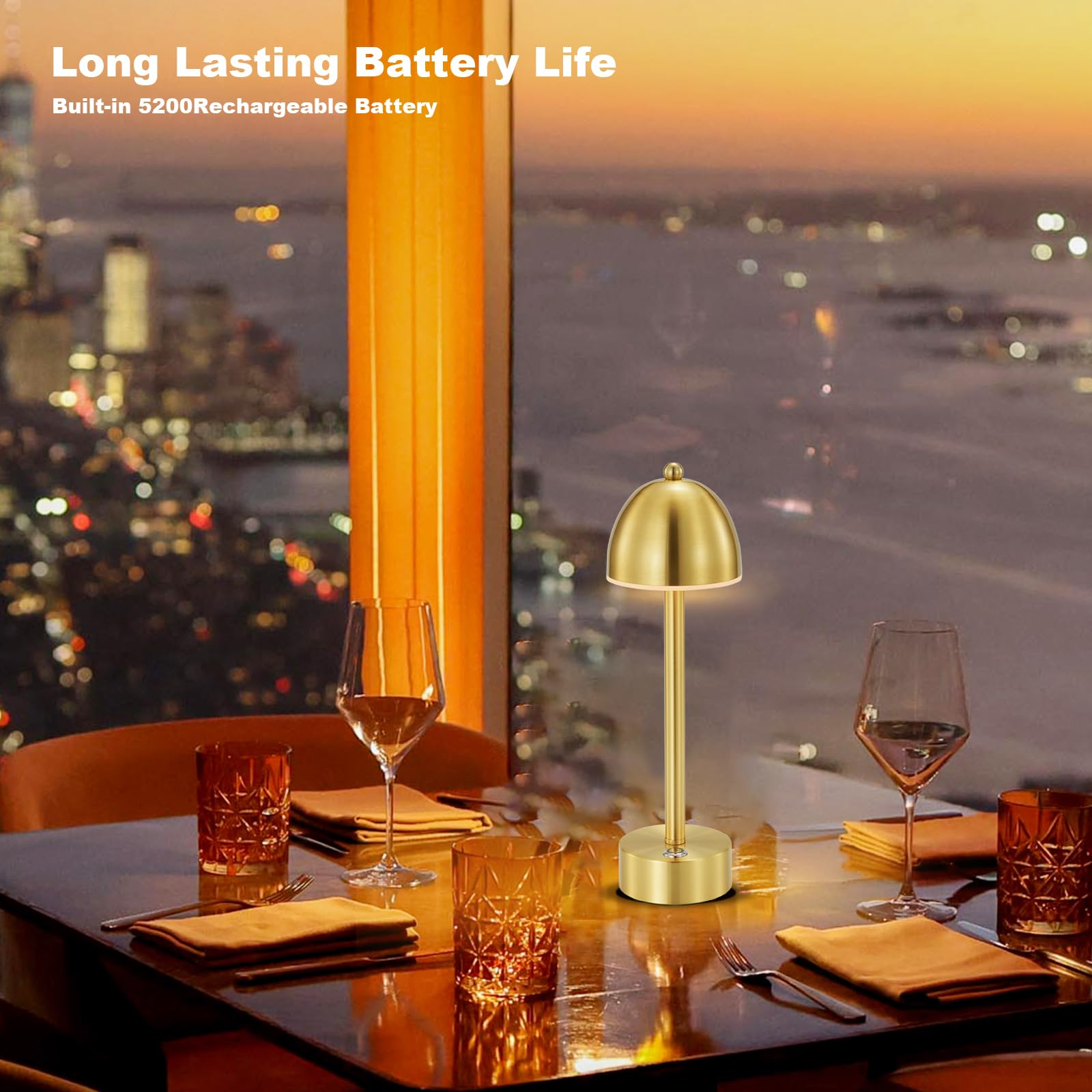 Umexus Small Cordless Mushroom Lamp Set Of 2, 5200Mah Rechargeable Battery Operated Lamp For Restaurant Bar Cocktail Table, Led Touch Dimmable, Portable Outdoor Patio Lights, Gold Brass