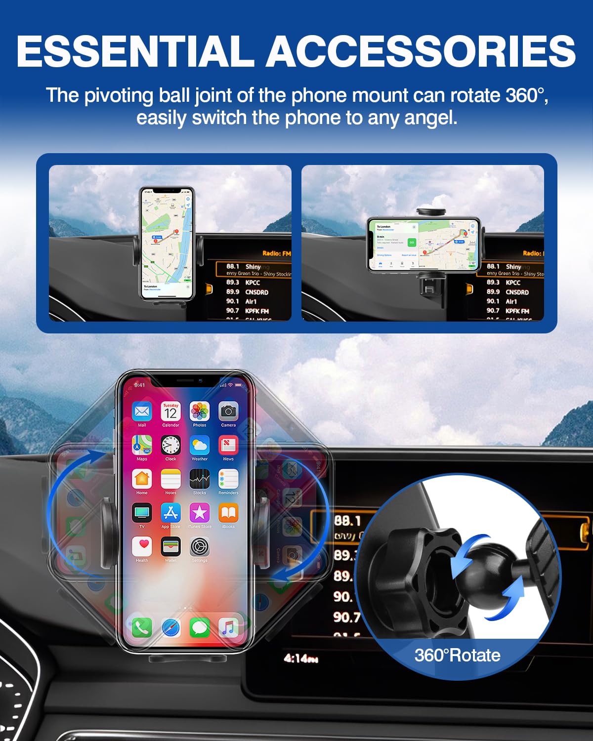 Autorder Custom Fit For Car Phone Holder 2017-2019 Audi A4/2019-2020 Q5 Accessories Phone Mount 7" Screen Cell Phone Automobile Cradles Hands- 360 Degree Rotation