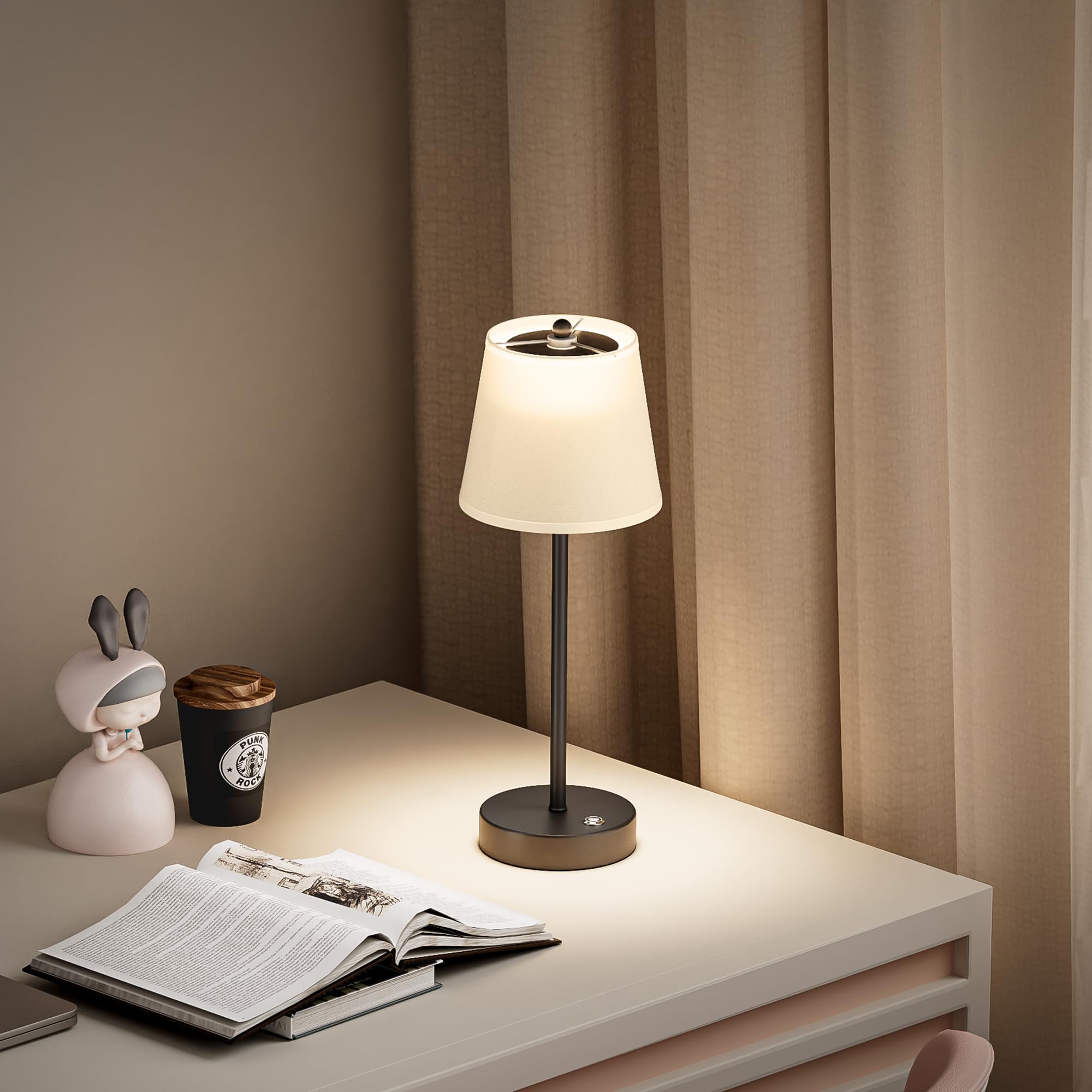 Lundwa Cordless Led Table Lamp, 6000Mah Battery Operated Table Lamp, Fabric Shade Rechargeable Desk Lamp, Dimmable Wireless Lamps For Patio/Restaurant/Bedroom/Home(Black)