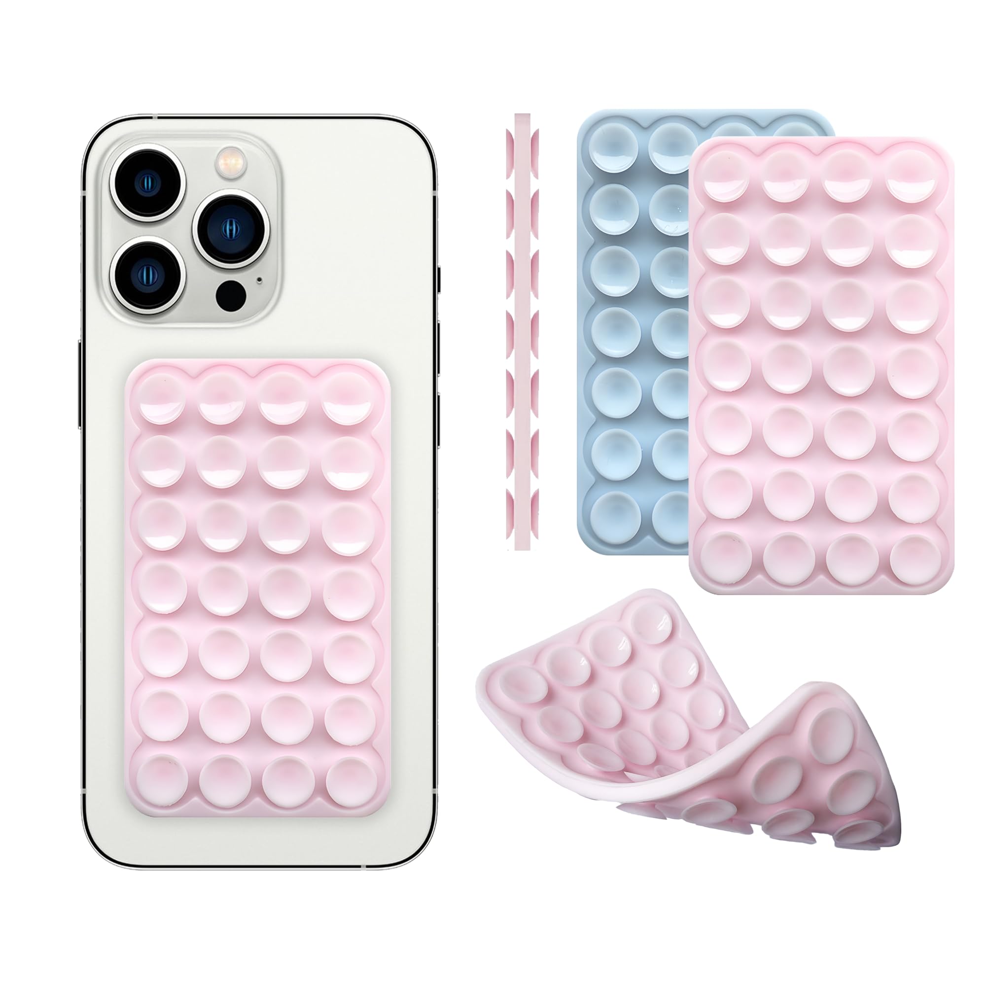 Dreamslink.Lc Silicone Double-Sided Suction Phone Grip Detachable Mount - Car Dashboard/Shower Phone Holder, Hands- For Selfies & Videos, Tiktok - Iphone & Android Compatible (3.74"X2.2", Baby Blue+Baby Pink)